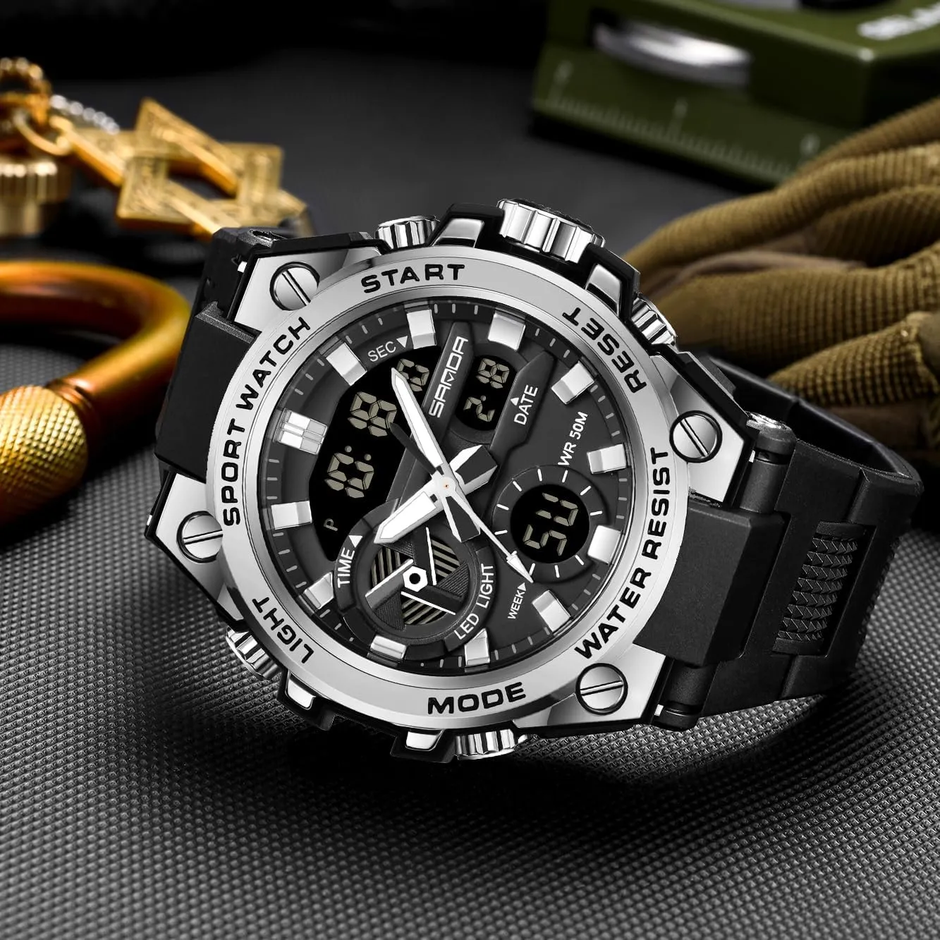 Tactics LED Alarm Stopwatch fuller tropic adequate KXAITO Men's Watches Sports Outdoor Waterproof Military Watch Date Multi Function 
