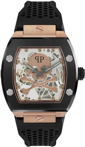 The ,keleton Collection Luxury Mens Watch cereal affection satellite flowerbed Timepieces with a Black Strap Featuring a Two Tone Case and a Grey Dial Philipp Plein 
