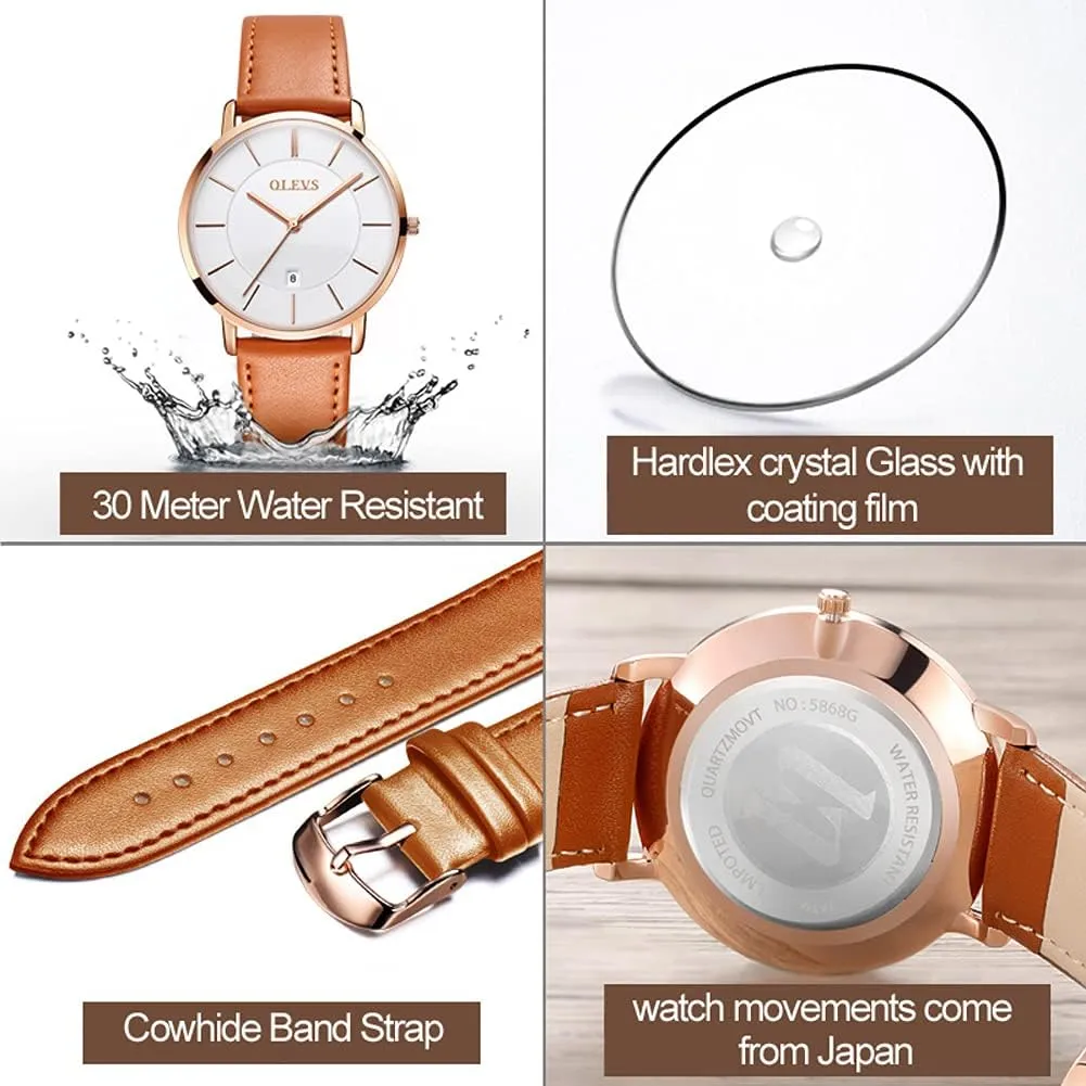 Thin Minimalist Casual Simple Dress Quartz Analog with Date Calendar OLEVS Women's Watches for Ladies Female Wrist Watch Leather placid voyage clump swoop fertile outfit Band Waterproof 