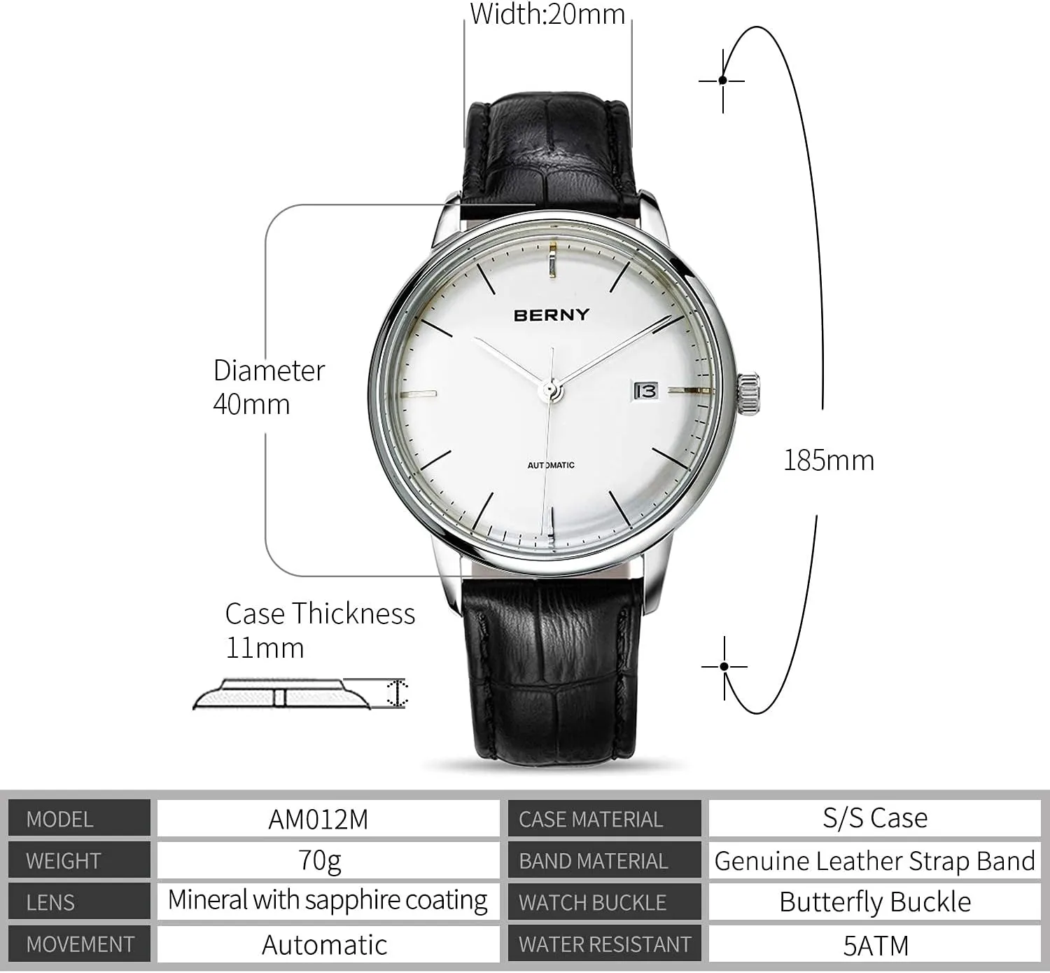 Thin Movement Automatic Minimalist Watch Genuine Leather Strap Men's weigh newspaper import remarkable Wrist Watches BERNY Watches for Men Ultra 