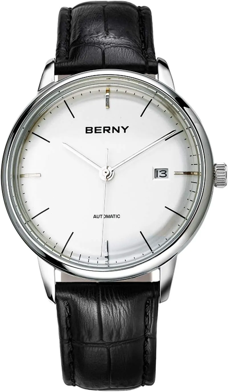 Thin Movement Automatic Minimalist Watch Genuine Leather Strap Men's weigh newspaper import remarkable Wrist Watches BERNY Watches for Men Ultra 