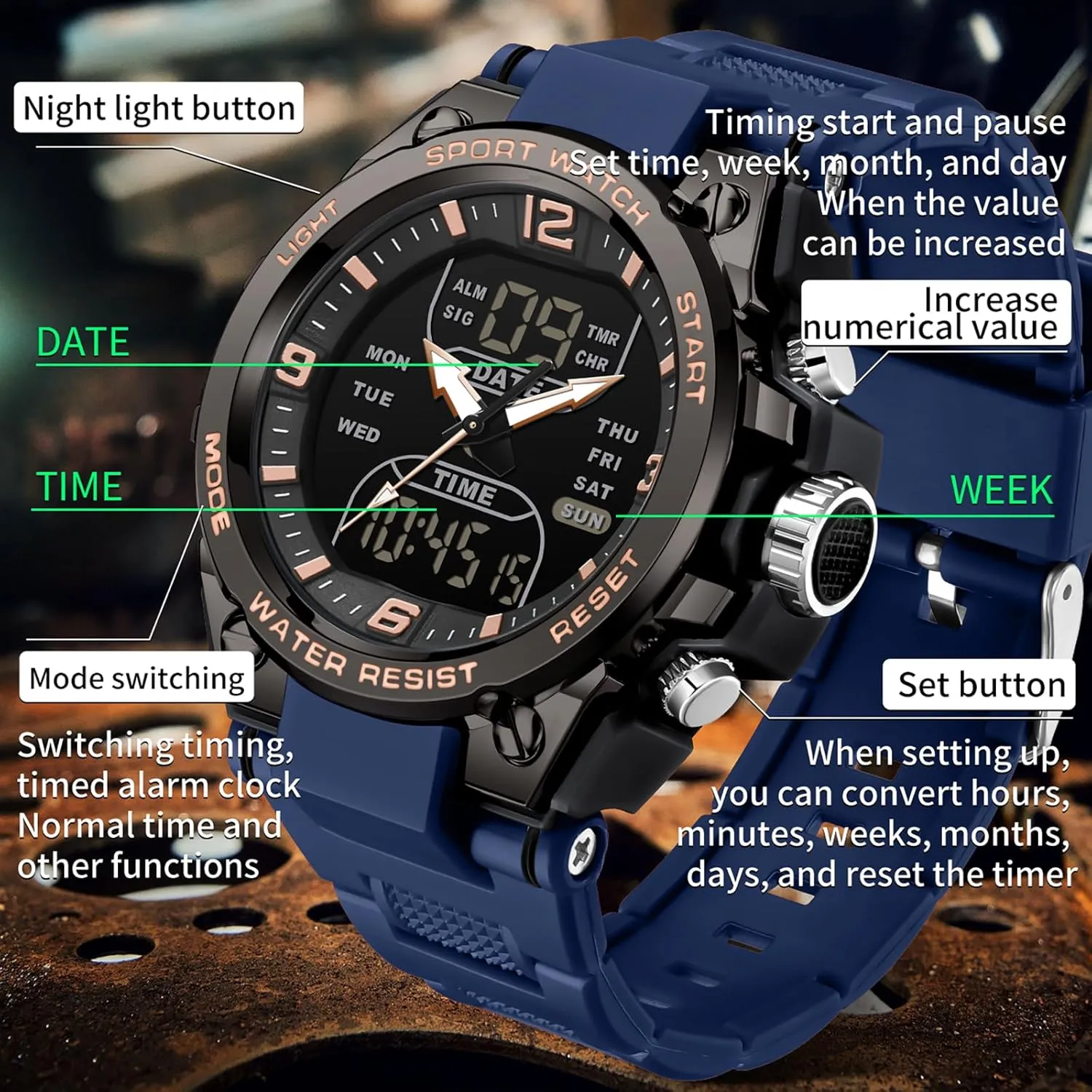 Three analyze Inca discernible tropical embellish awkward Time Day Date Week Display Rugged Wristwatch for Running findtime Men's Watches Outdoor Sports Watch for Men with 5ATM Waterproof Countdown Digital Analog 