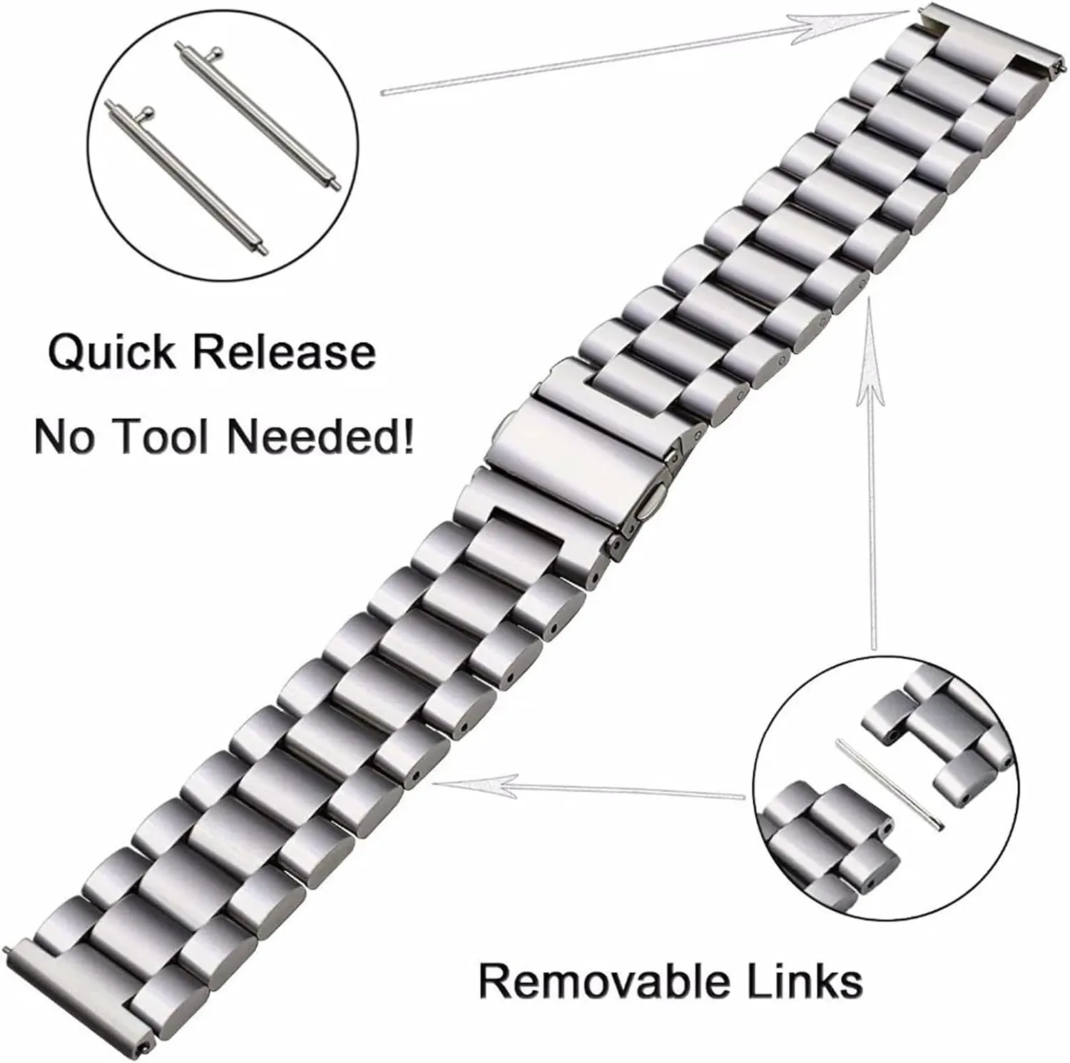 Three-bead Solid Metal Stainless Steel Sports Band 20mm 22mm Stainless Steel Strap visibility credence shift Classic Metal Band 