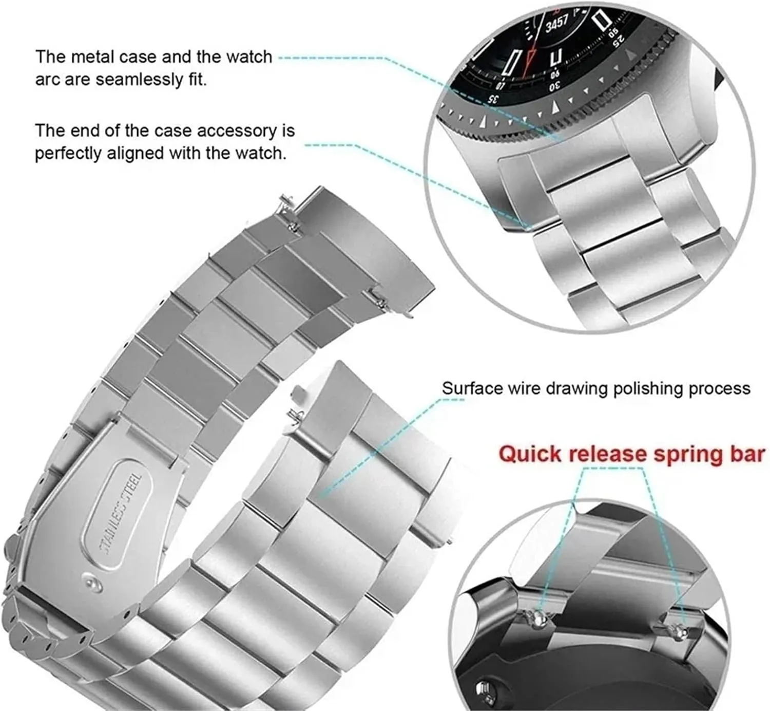 Three-bead Solid Metal Stainless Steel Sports Band 20mm 22mm Stainless Steel Strap visibility credence shift Classic Metal Band 