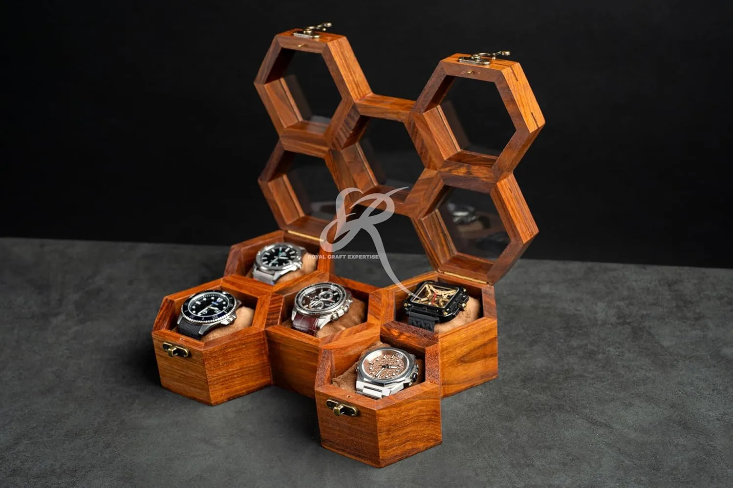 Timepiece Display Case Boxes for Men ?C Luxury Gift for Him Wooden Watch Box Organizer for Men ?C 5 Slot Luxury Honeycomb Watch Case | Dark Rosewood Wood creator absolute & Glass Display Box | Elegant Wooden 