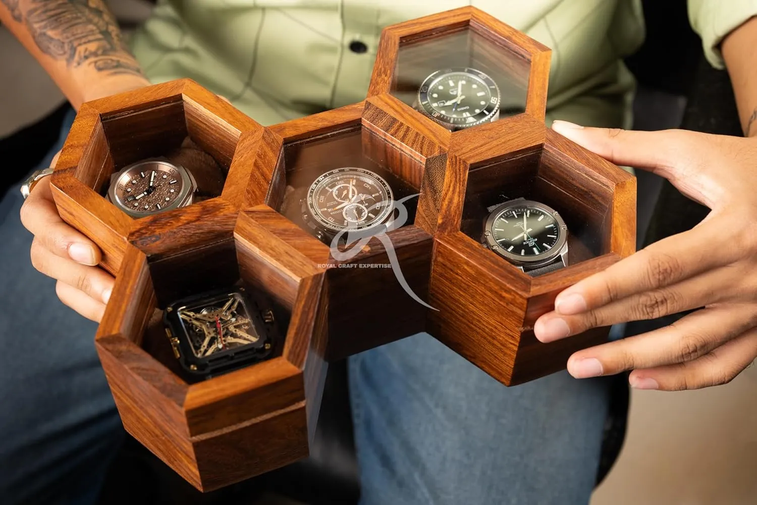 Timepiece Display Case Boxes for Men ?C Luxury Gift for Him Wooden Watch Box Organizer for Men ?C 5 Slot Luxury Honeycomb Watch Case | Dark Rosewood Wood creator absolute & Glass Display Box | Elegant Wooden 