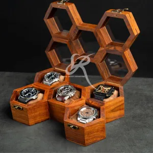 Timepiece Display Case Boxes for Men ?C Luxury Gift for Him Wooden Watch Box Organizer for Men ?C 5 Slot Luxury Honeycomb Watch Case | Dark Rosewood Wood creator absolute & Glass Display Box | Elegant Wooden 
