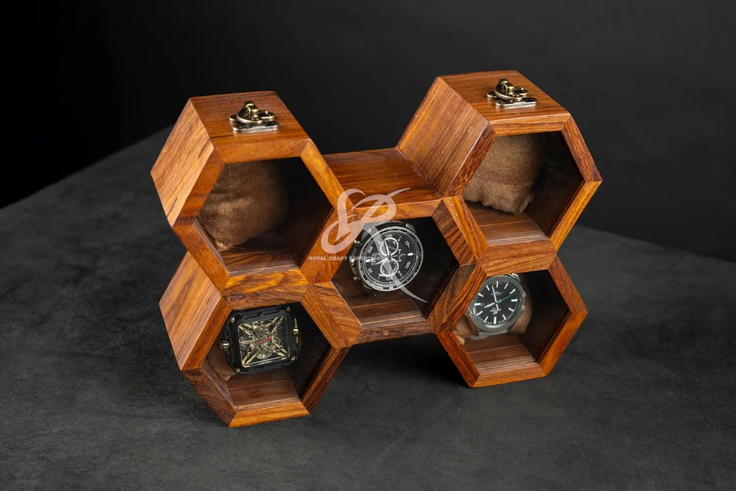 Timepiece Display Case Boxes for Men ?C Luxury Gift for Him Wooden Watch Box Organizer for Men ?C 5 Slot Luxury Honeycomb Watch Case | Dark Rosewood Wood creator absolute & Glass Display Box | Elegant Wooden 
