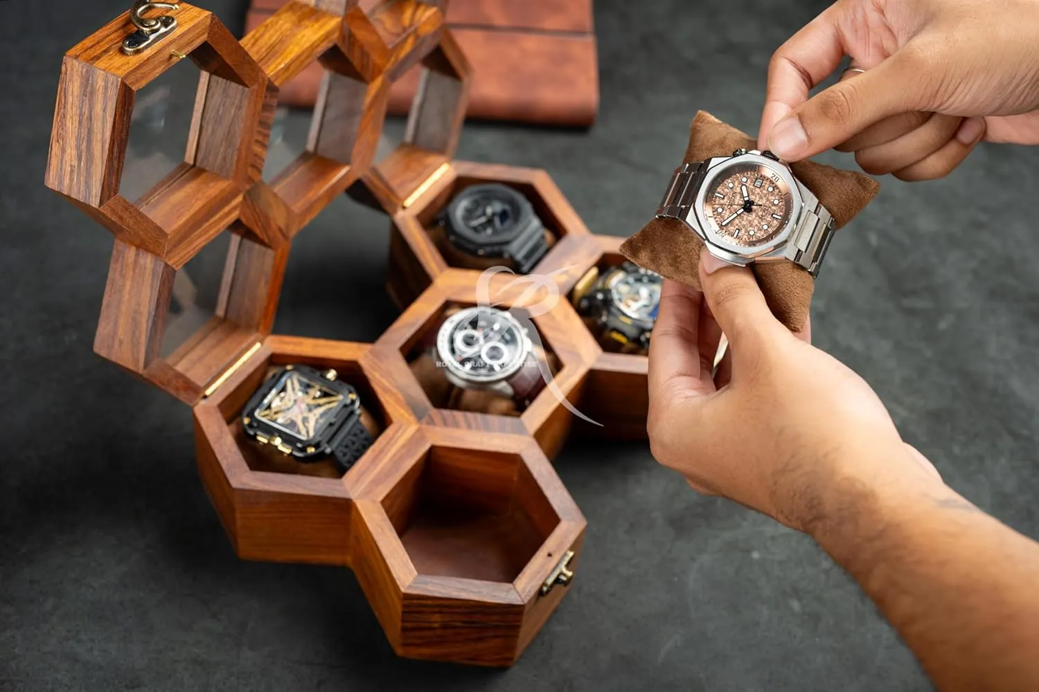 Timepiece Display Case Boxes for Men ?C Luxury Gift for Him Wooden Watch Box Organizer for Men ?C 5 Slot Luxury Honeycomb Watch Case | Dark Rosewood Wood creator absolute & Glass Display Box | Elegant Wooden 