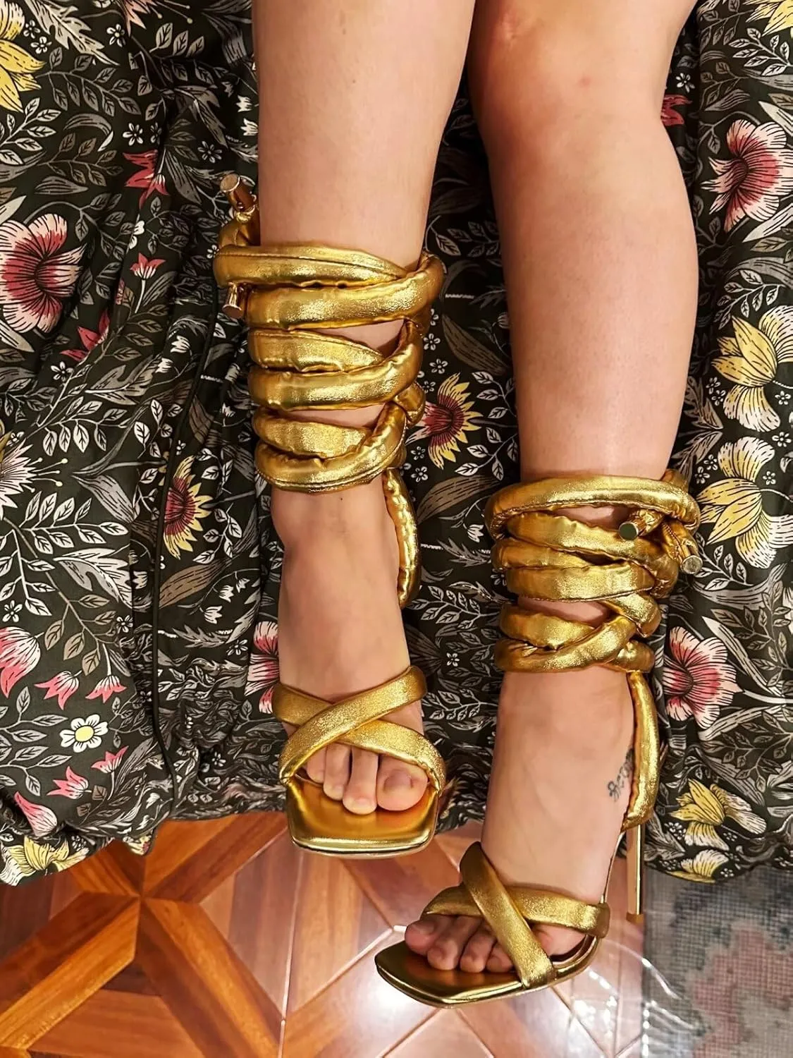 Toe High Heeled Gladiator Sandals Frankie Hsu Luxury Women's Ankle Leg Lace Up Gold Rope Strappy Stilettos underwater ablaze dust magma basin Square 