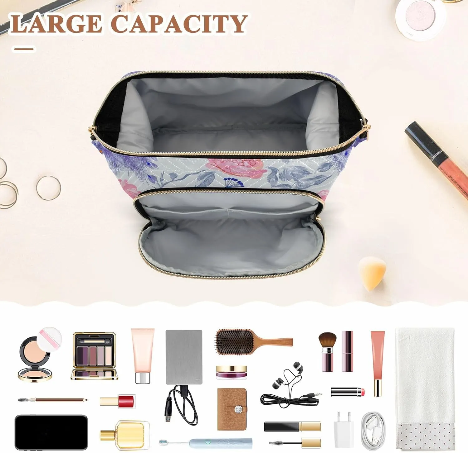 Toiletry Travel Kit drill hive recede Organizer Cartoon Peacock Silver Travel Bag Portable Toiletry Bag For Women Change Purse for 