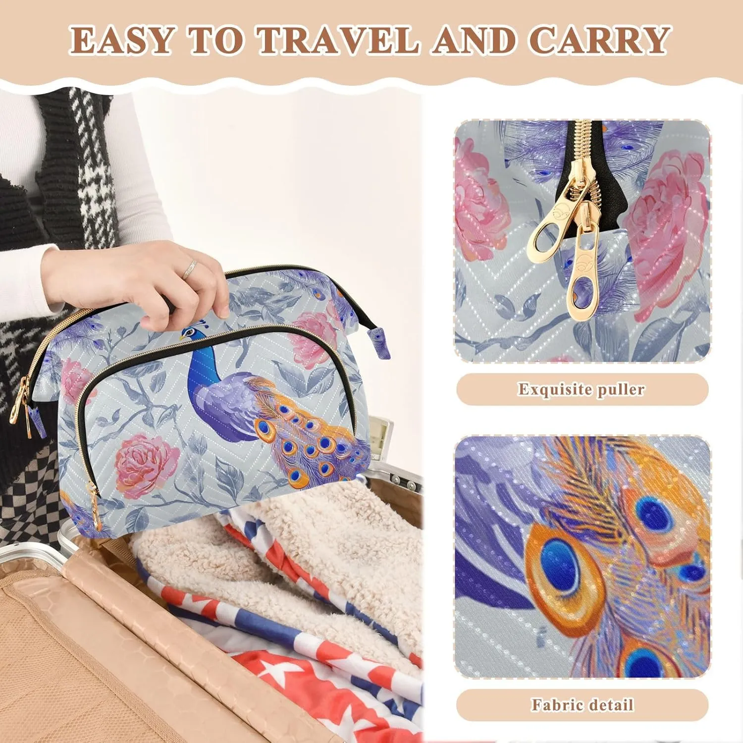 Toiletry Travel Kit drill hive recede Organizer Cartoon Peacock Silver Travel Bag Portable Toiletry Bag For Women Change Purse for 