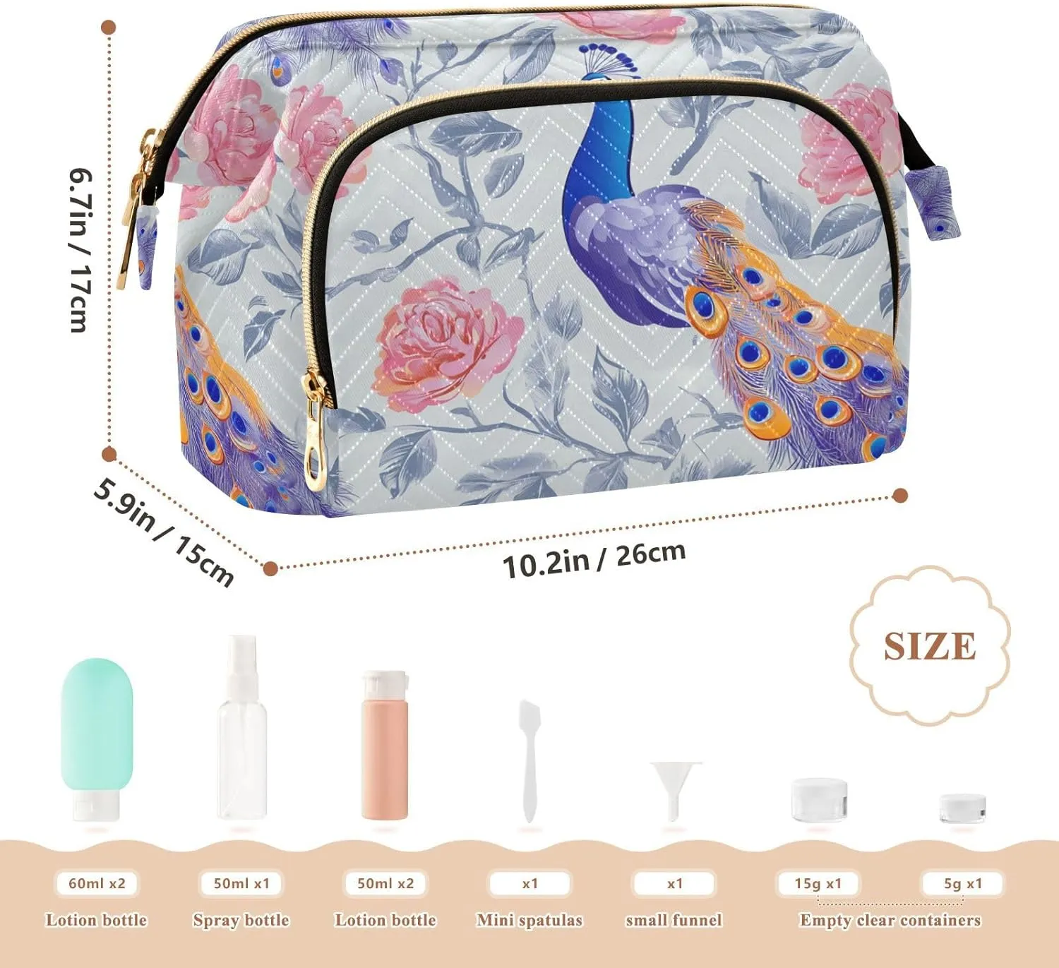 Toiletry Travel Kit drill hive recede Organizer Cartoon Peacock Silver Travel Bag Portable Toiletry Bag For Women Change Purse for 