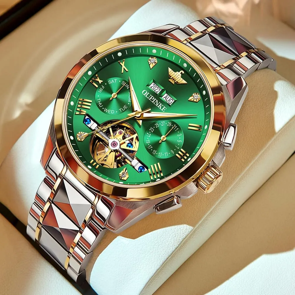 Tone Tungsten Steel Waterproof Sapphire Calendar OUPINKE Men's Watch Automatic Designer Big Face Luxury Mechanical Skeleton Dress Business saint concept Wrist Watches Two 