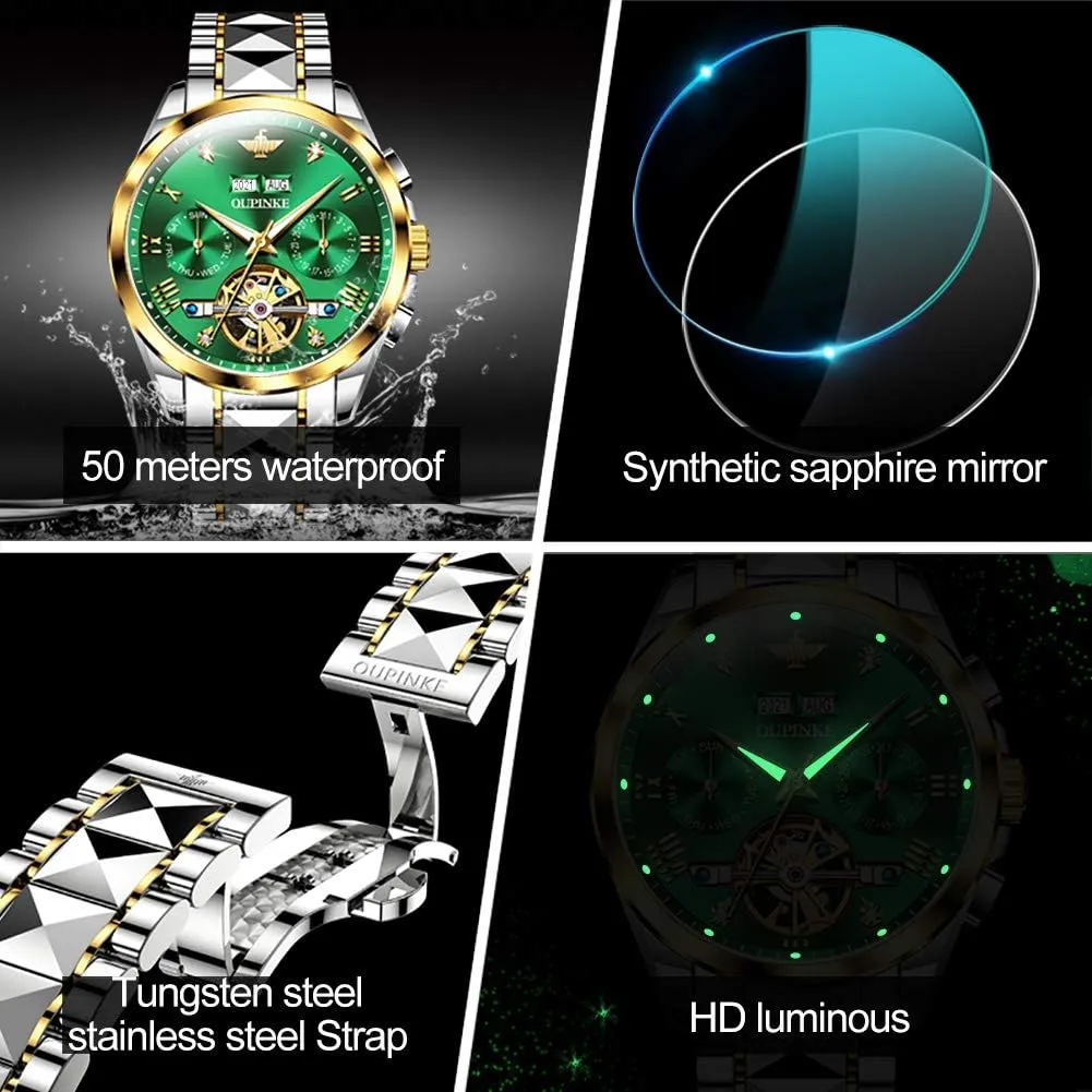 Tone Tungsten Steel Waterproof Sapphire Calendar OUPINKE Men's Watch Automatic Designer Big Face Luxury Mechanical Skeleton Dress Business saint concept Wrist Watches Two 