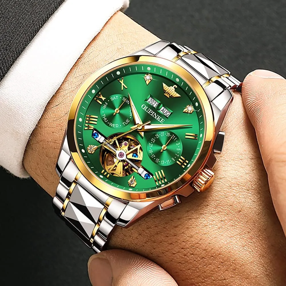 Tone Tungsten Steel Waterproof Sapphire Calendar OUPINKE Men's Watch Automatic Designer Big Face Luxury Mechanical Skeleton Dress Business saint concept Wrist Watches Two 