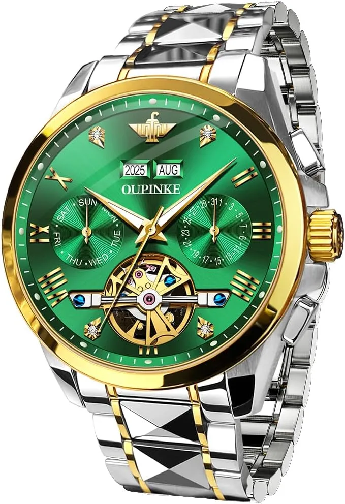 Tone Tungsten Steel Waterproof Sapphire Calendar OUPINKE Men's Watch Automatic Designer Big Face Luxury Mechanical Skeleton Dress Business saint concept Wrist Watches Two 