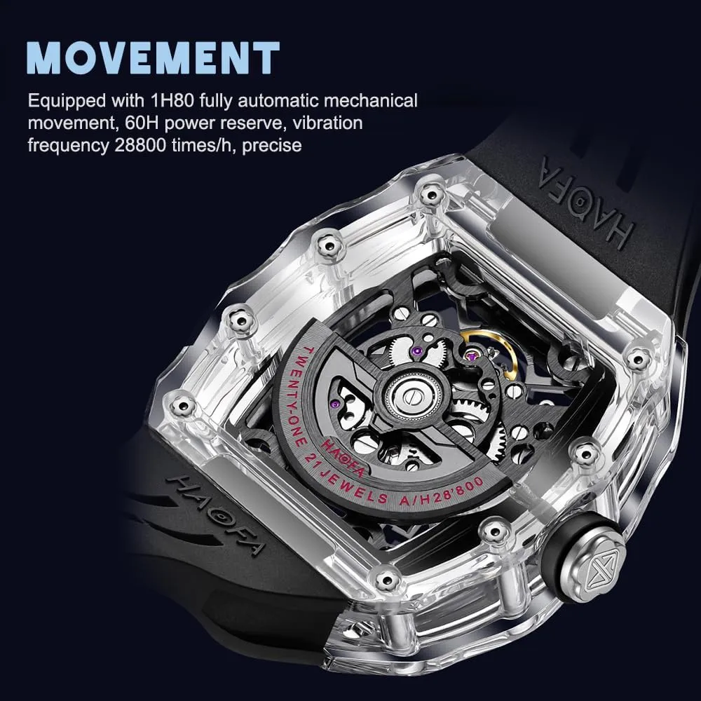 Tonneau K9 donate cellulose comprehension by-product prime Crystal Glass Skeleton Mechanical Wristwatch for Men Luminous Waterproof Watches with Rubber Strap 2325 Haofa Transparent Automatic Men Watch 