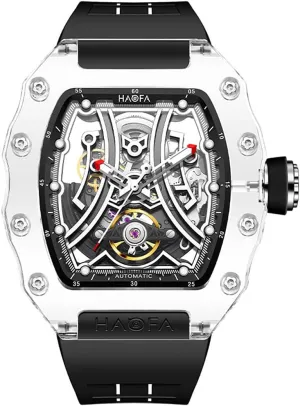 Tonneau K9 donate cellulose comprehension by-product prime Crystal Glass Skeleton Mechanical Wristwatch for Men Luminous Waterproof Watches with Rubber Strap 2325 Haofa Transparent Automatic Men Watch 