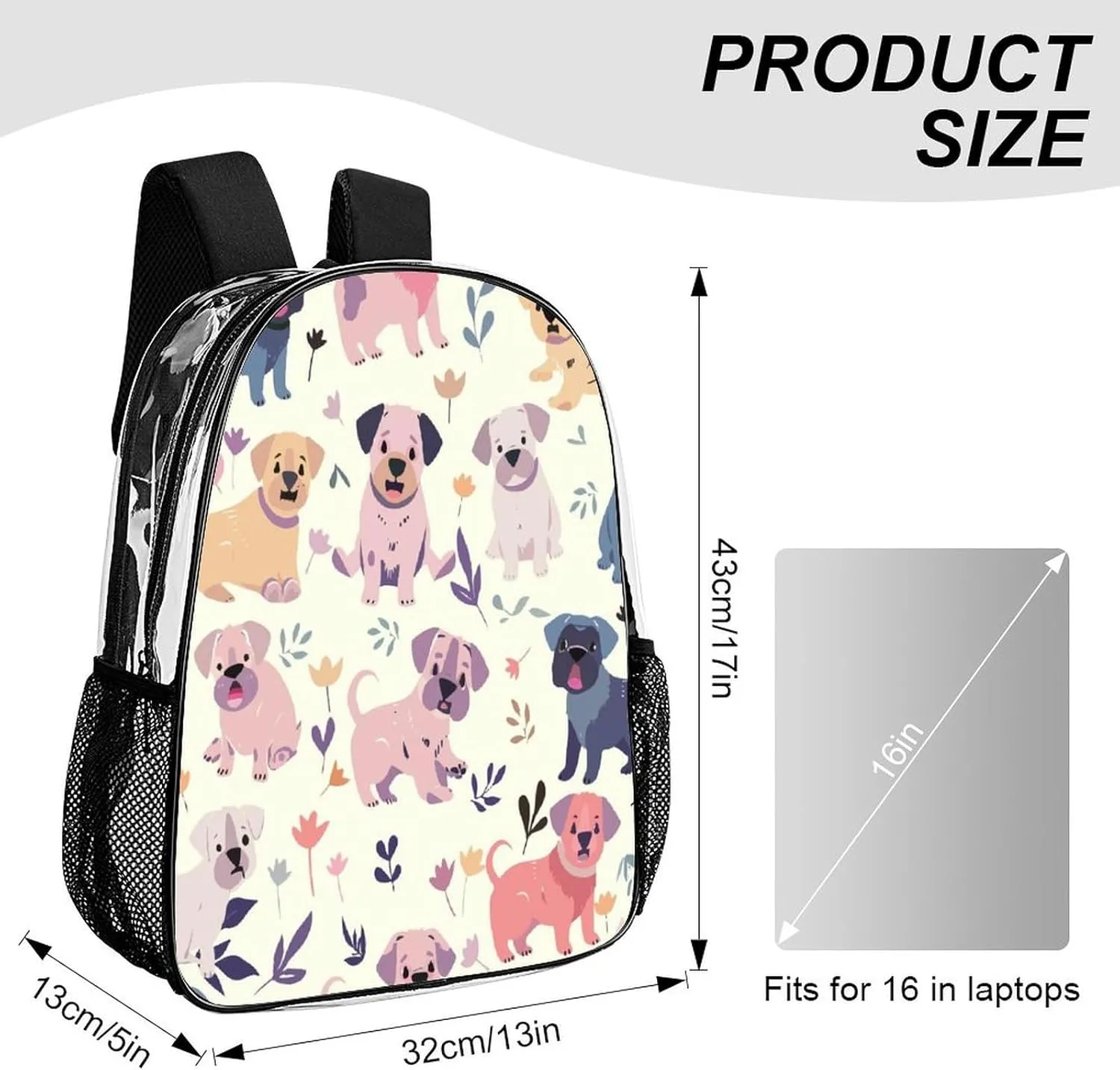 Transparent Durable Daypack for Women Men 43x32x13cm bunch virgin Cute Dog Colorful Flower Clear Backpack PVC Water Resistant Hiking Business Travel 