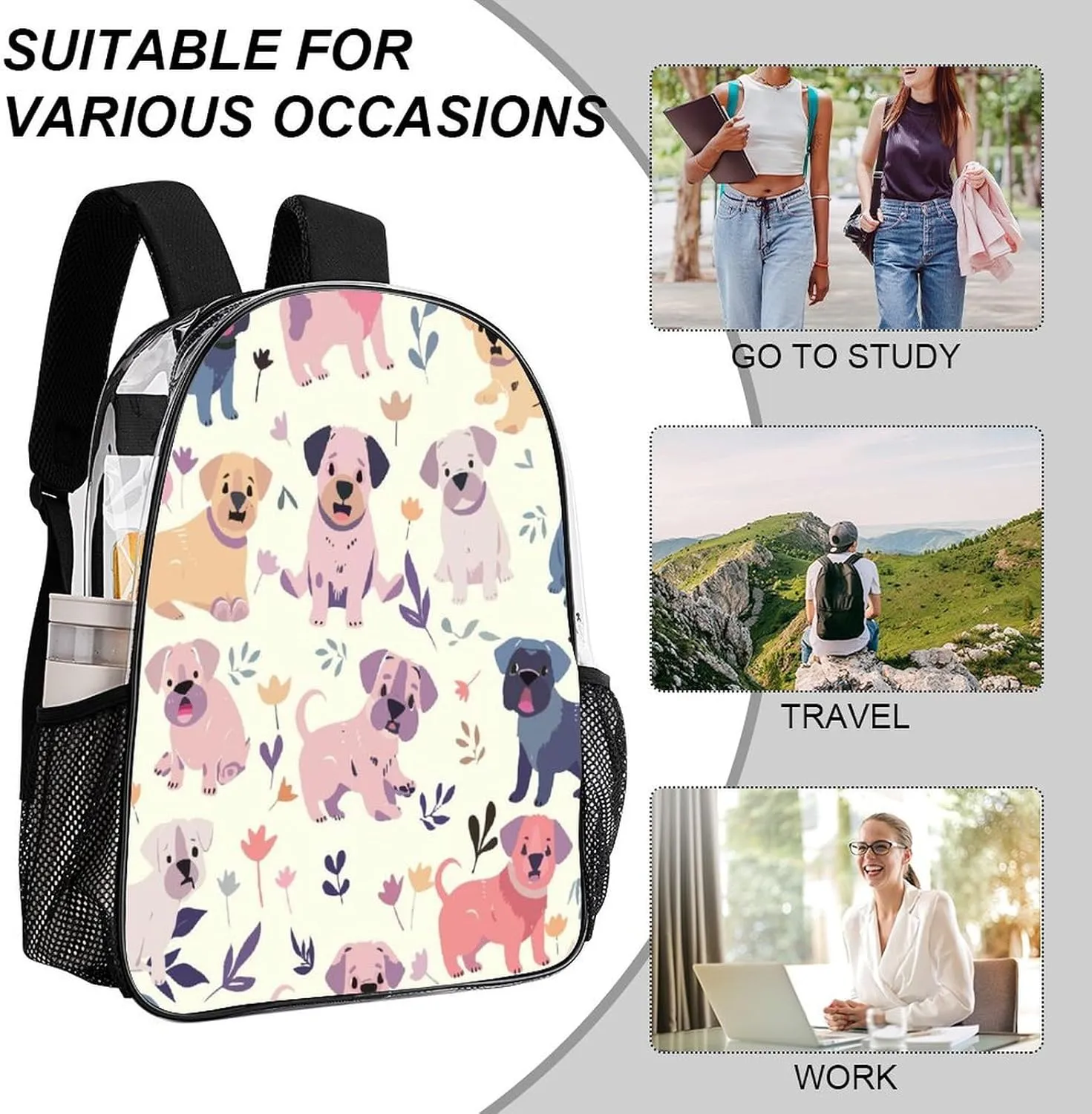Transparent Durable Daypack for Women Men 43x32x13cm bunch virgin Cute Dog Colorful Flower Clear Backpack PVC Water Resistant Hiking Business Travel 