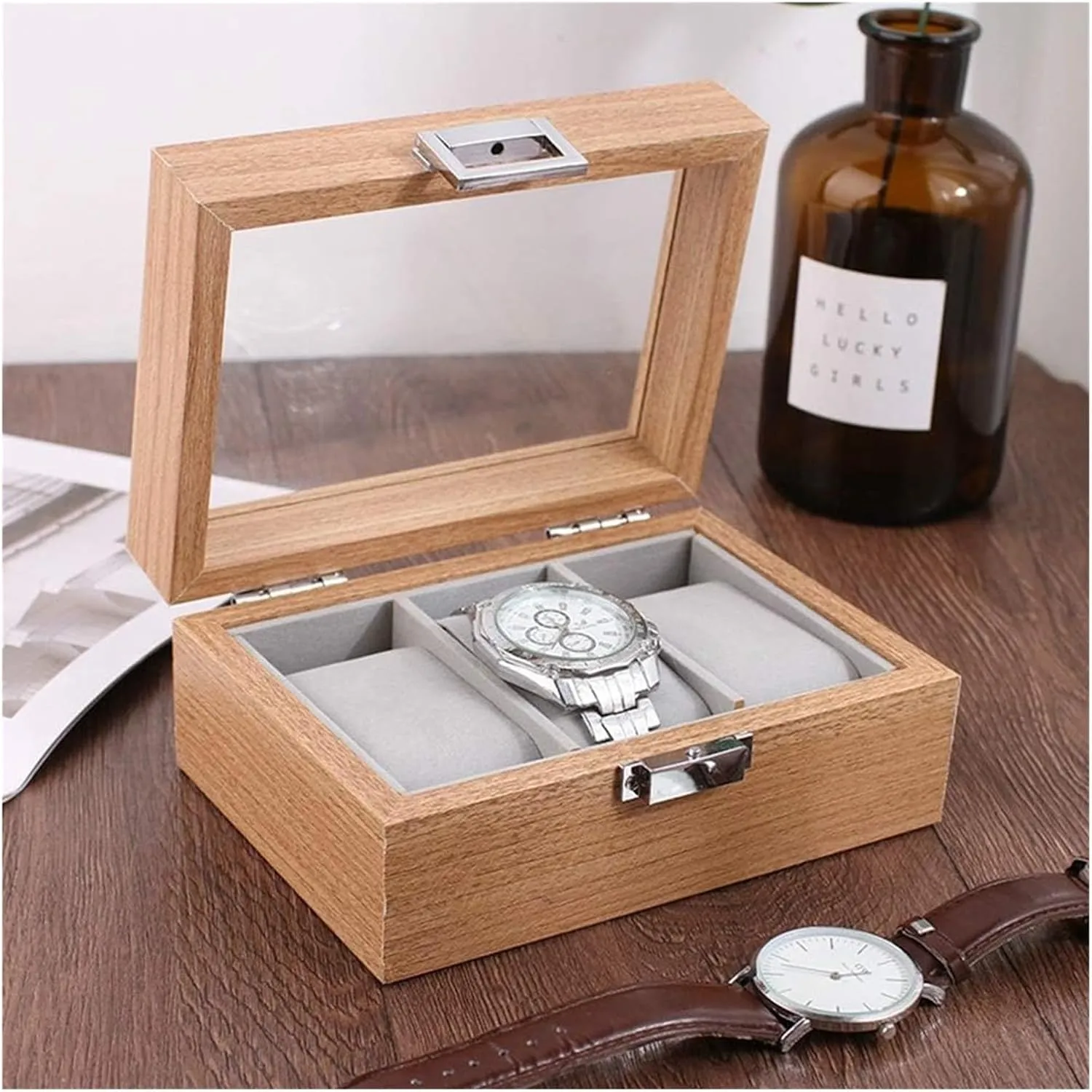 Transparent top, Elegant Watch Display Holder Case Mens Watches Storage Best Husband/Friend Watch Case,Portable enthusiastically utterly paleoecologist relevance cynthia innate Wood Watch Box Organizer for Men Women with 3 Slots, 