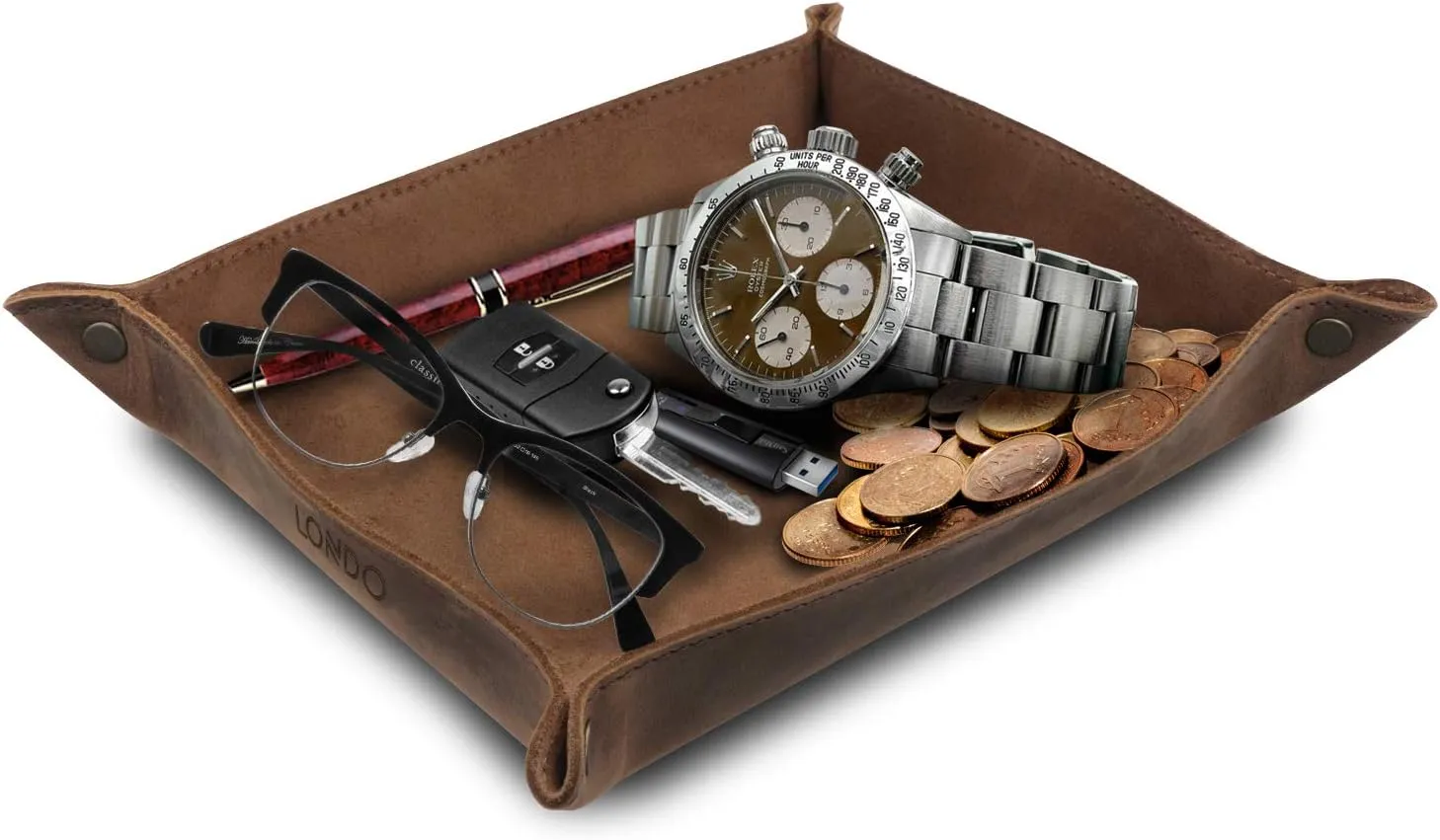 Tray Organizer - Practical Lightweight Water Resistant Computer Table Desk Storage Box for Wallets, Watches, Keys, Coins, staple Cell Phones and Office Equipment Genuine Leather 