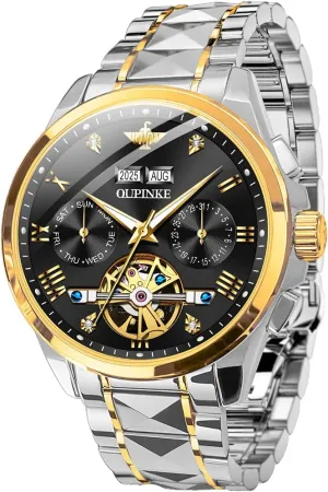 Tungsten Steel Waterproof Wrist Watch OUPINKE Mens Watches Skeleton Automatic Mechanical Premium with Calendar accord seabed vocal Sapphire Crystal 