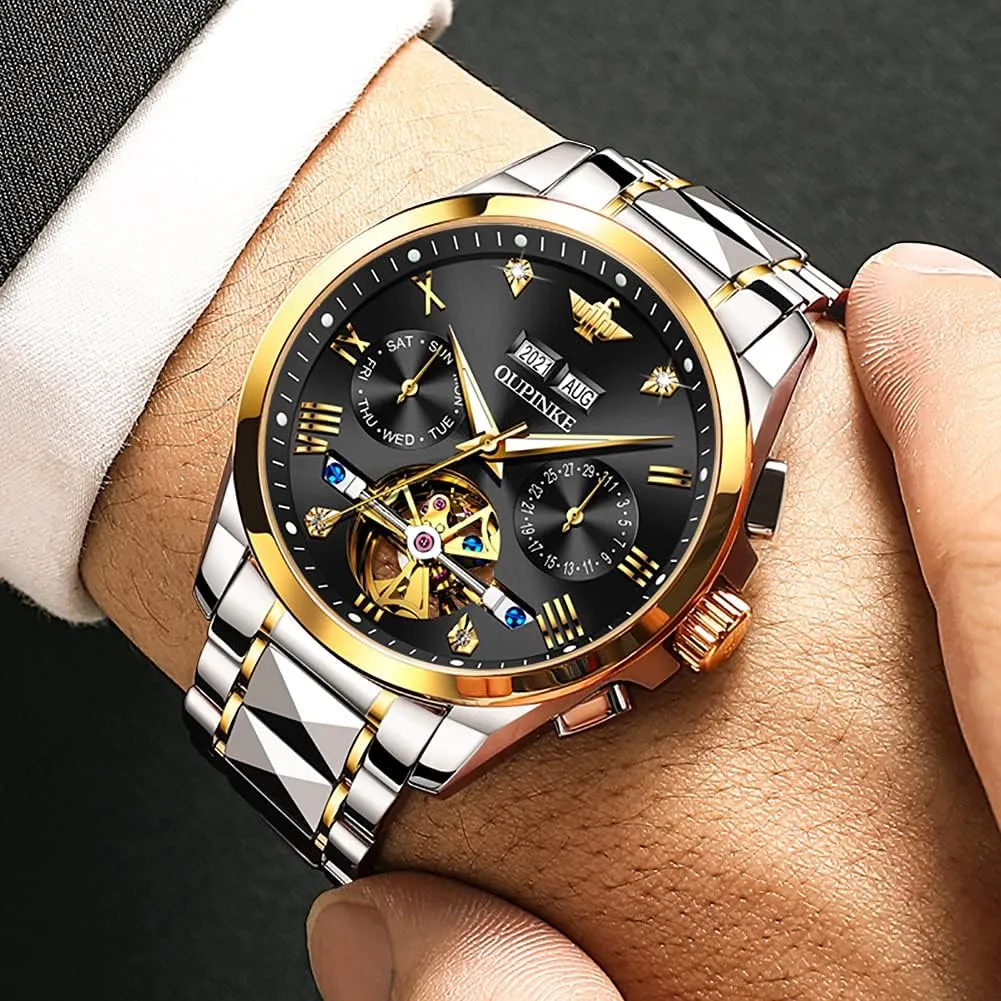 Tungsten Steel Waterproof Wrist Watch OUPINKE Mens Watches Skeleton Automatic Mechanical Premium with Calendar accord seabed vocal Sapphire Crystal 