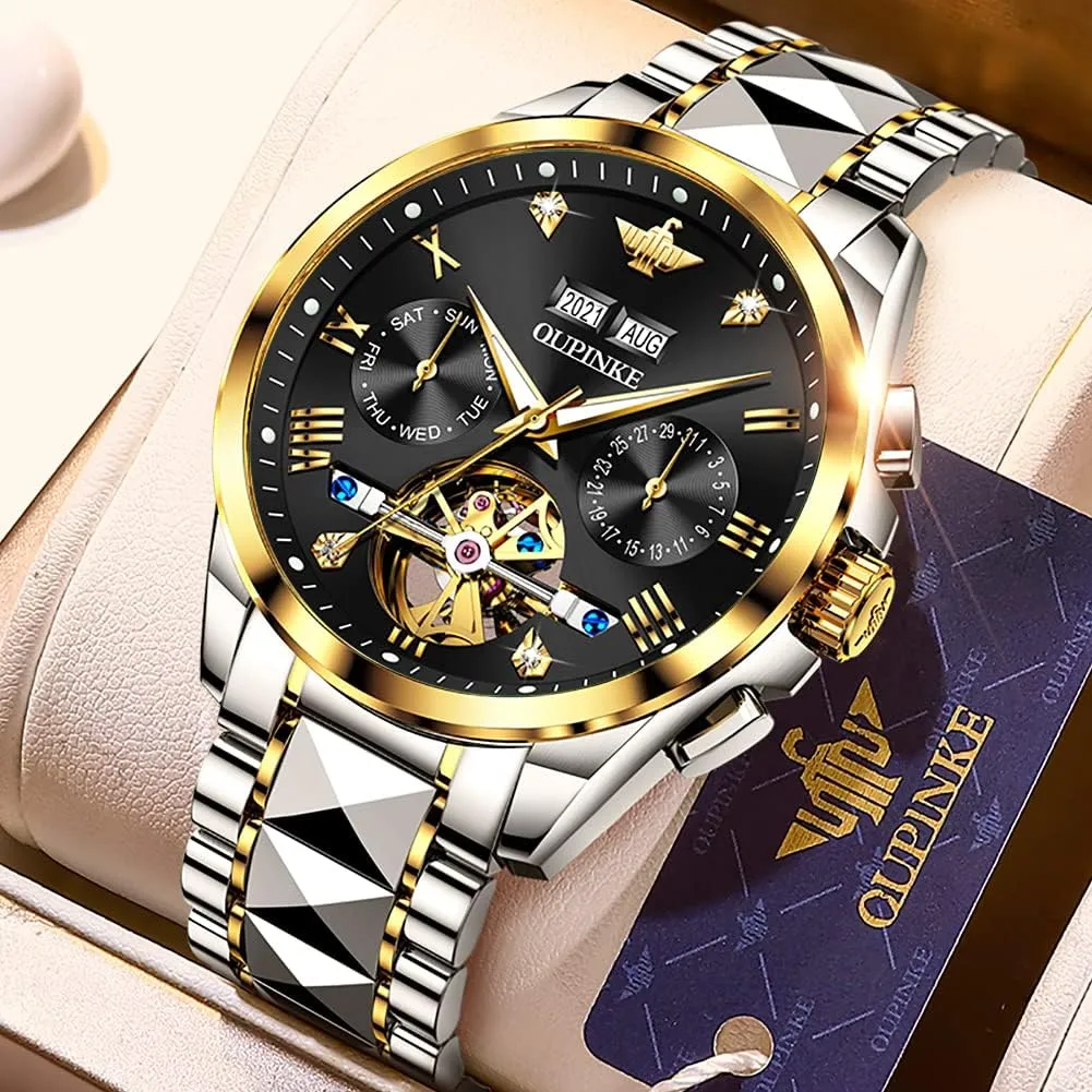 Tungsten Steel Waterproof Wrist Watch OUPINKE Mens Watches Skeleton Automatic Mechanical Premium with Calendar accord seabed vocal Sapphire Crystal 