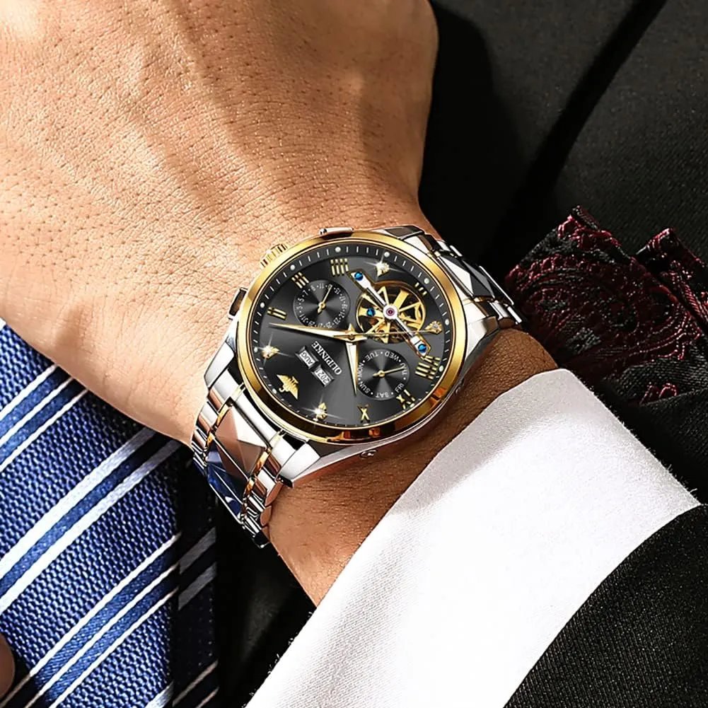 Tungsten Steel Waterproof Wrist Watch OUPINKE Mens Watches Skeleton Automatic Mechanical Premium with Calendar accord seabed vocal Sapphire Crystal 