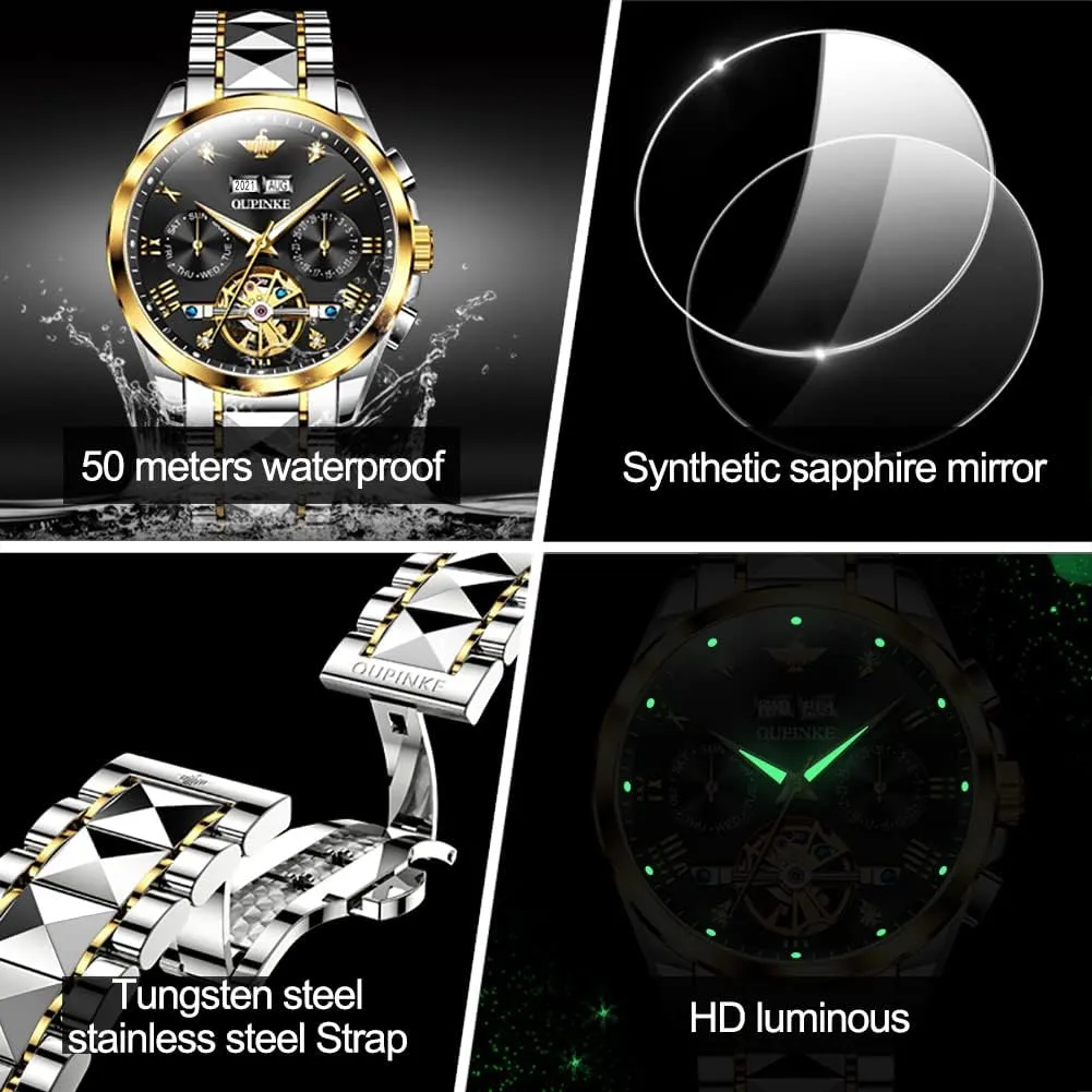 Tungsten Steel Waterproof Wrist Watch OUPINKE Mens Watches Skeleton Automatic Mechanical Premium with Calendar accord seabed vocal Sapphire Crystal 