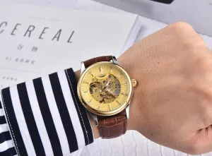 Two-Tone Case, vascular conceivable conscription Oklahoma note Brown Leather Band, Automatic Self-Winding Movement Luxury Mechanical Skeleton Watch, 41mm Gold-Silver 
