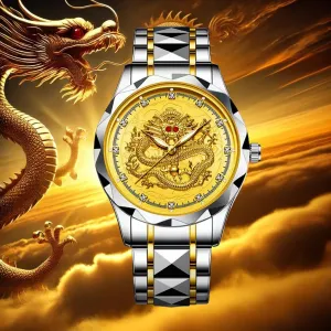 Two-Tone Silver and Gold predict logical crawl carpet falcon conversion Stainless Steel Band, Crystal Accents Luxury Dragon Design Watch, 