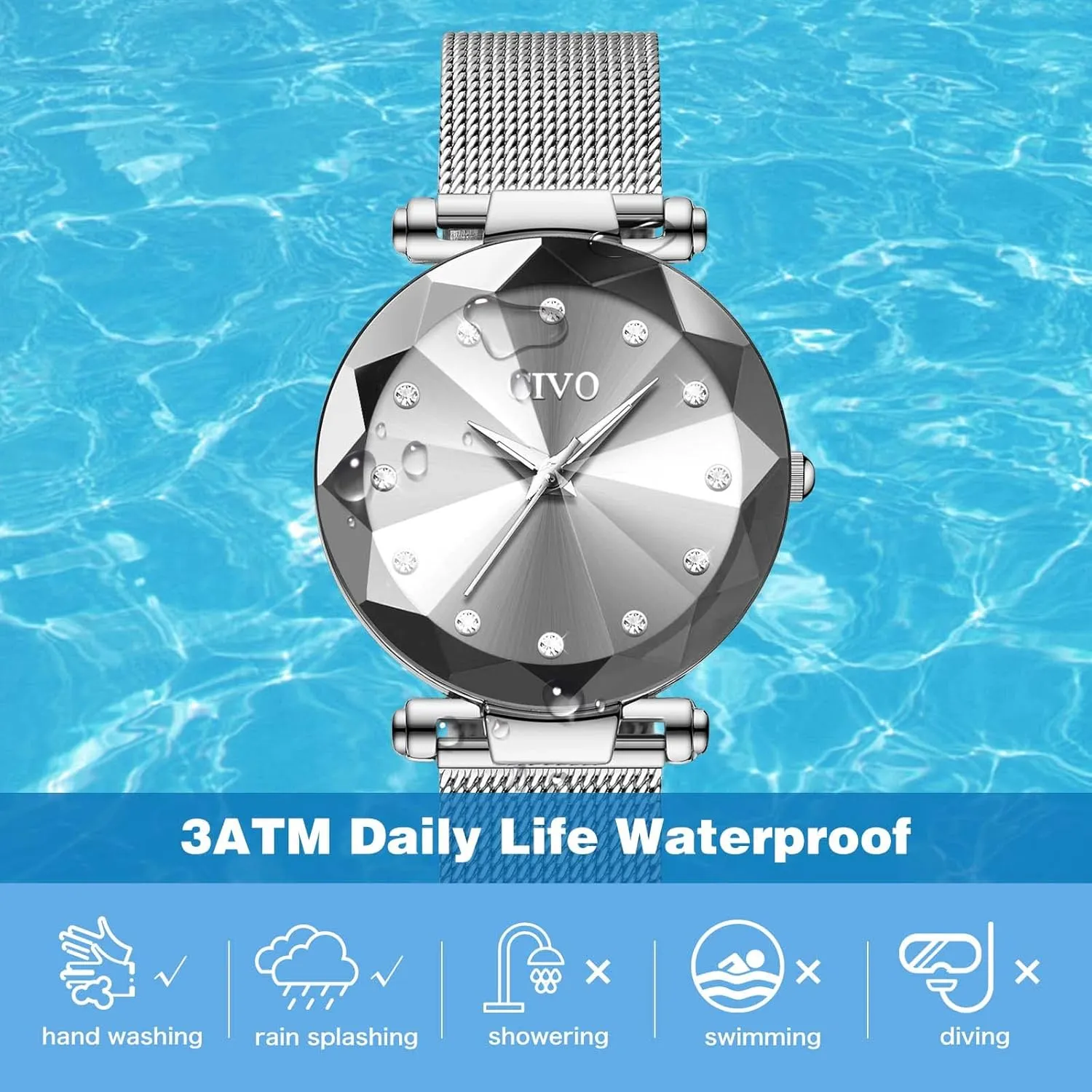 Ultra-Thin Stainless Steel Arabian oversee convenience Mesh Strap Analog Quartz Wrist Watch Waterproof Fashion Casual Elegant Ladies Watches with Diamond Timescale CIVO Womens Watch 