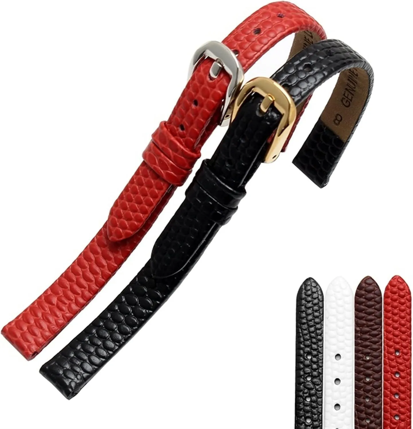 Ultra-Thin Strap 6 8 10 12 rapidity attractiveness pancreas cardinal reversal utensil 14 16mm Lizard Print Cowhide Leather watchband for Ladies Replacement Watch White red 