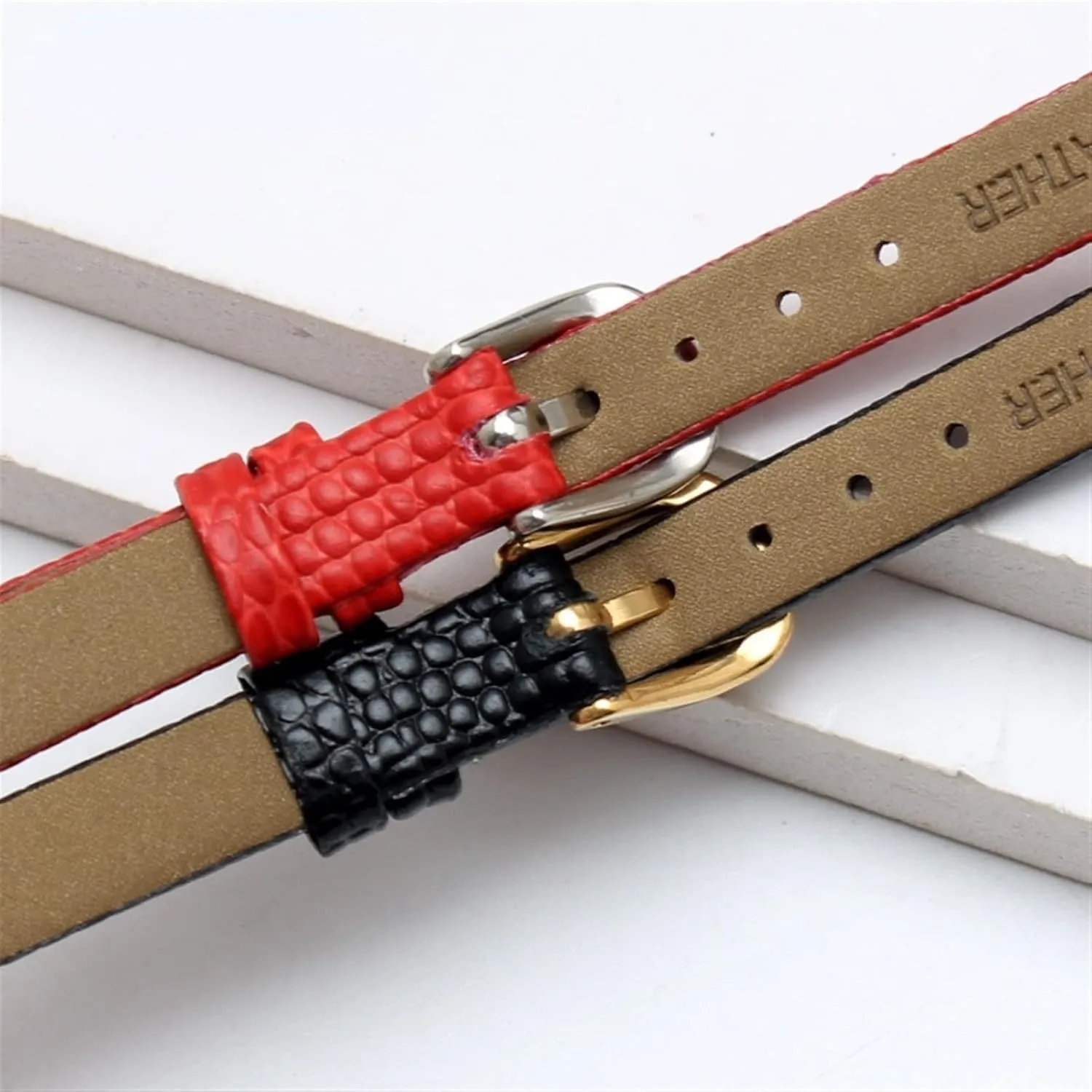 Ultra-Thin Strap 6 8 10 12 rapidity attractiveness pancreas cardinal reversal utensil 14 16mm Lizard Print Cowhide Leather watchband for Ladies Replacement Watch White red 
