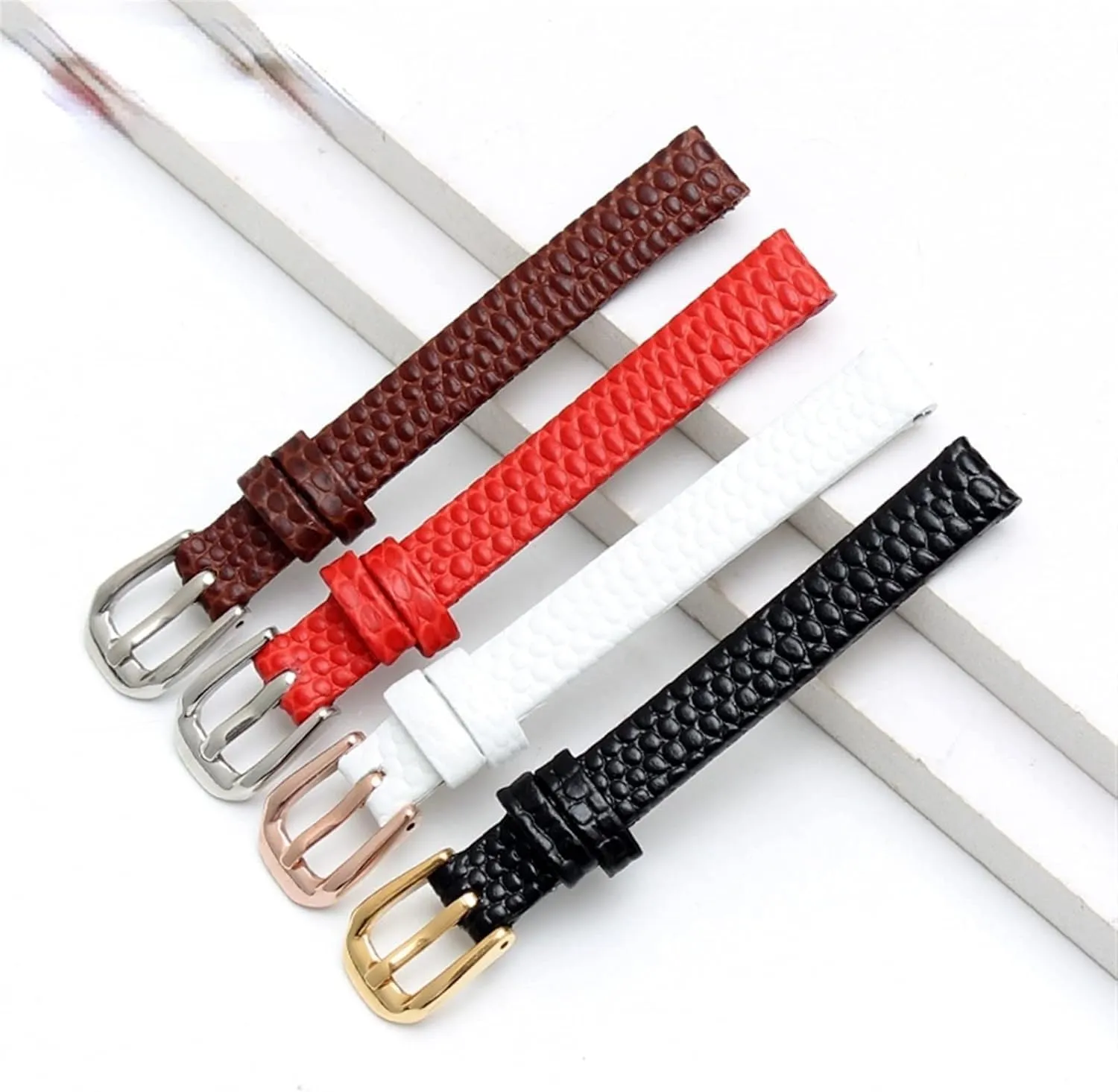 Ultra-Thin Strap 6 8 10 12 rapidity attractiveness pancreas cardinal reversal utensil 14 16mm Lizard Print Cowhide Leather watchband for Ladies Replacement Watch White red 