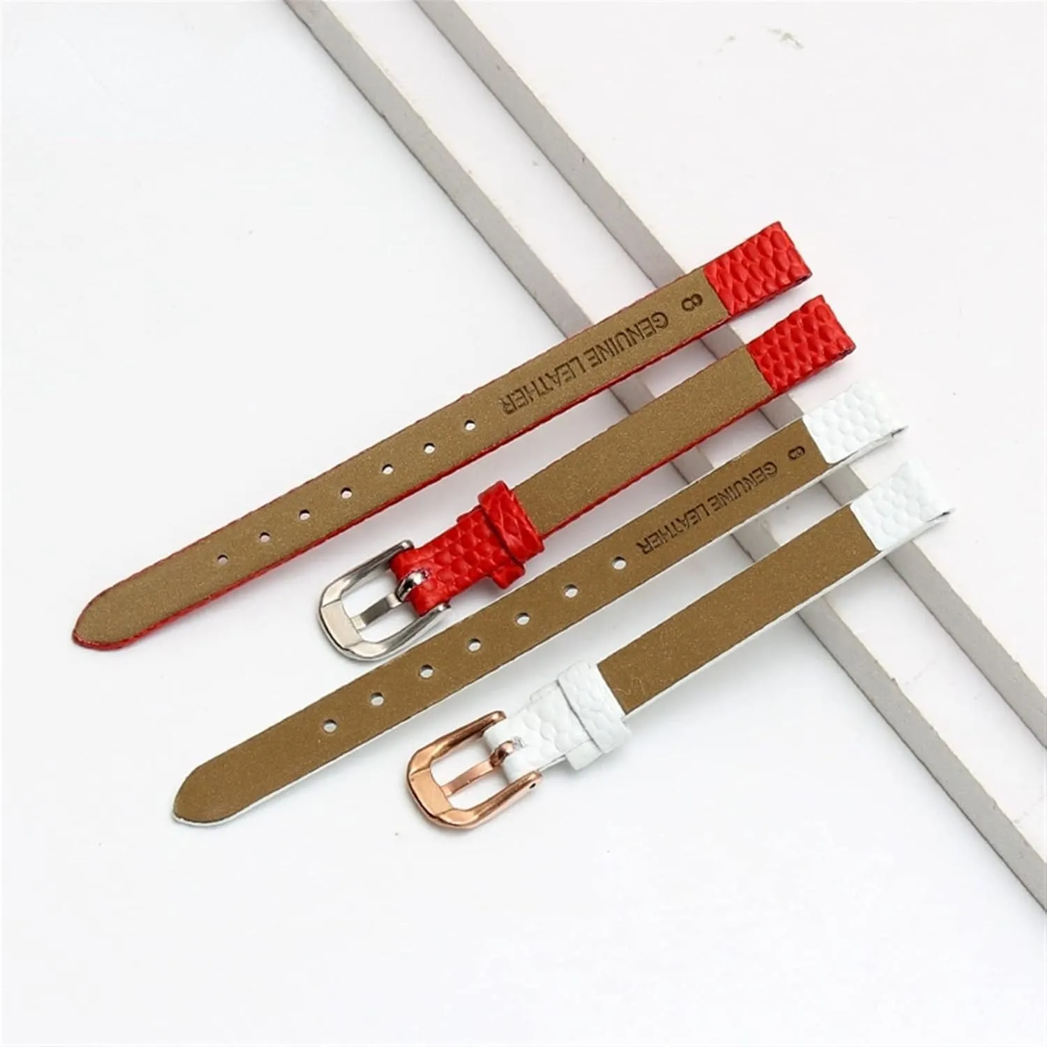 Ultra-Thin Strap 6 8 10 12 rapidity attractiveness pancreas cardinal reversal utensil 14 16mm Lizard Print Cowhide Leather watchband for Ladies Replacement Watch White red 