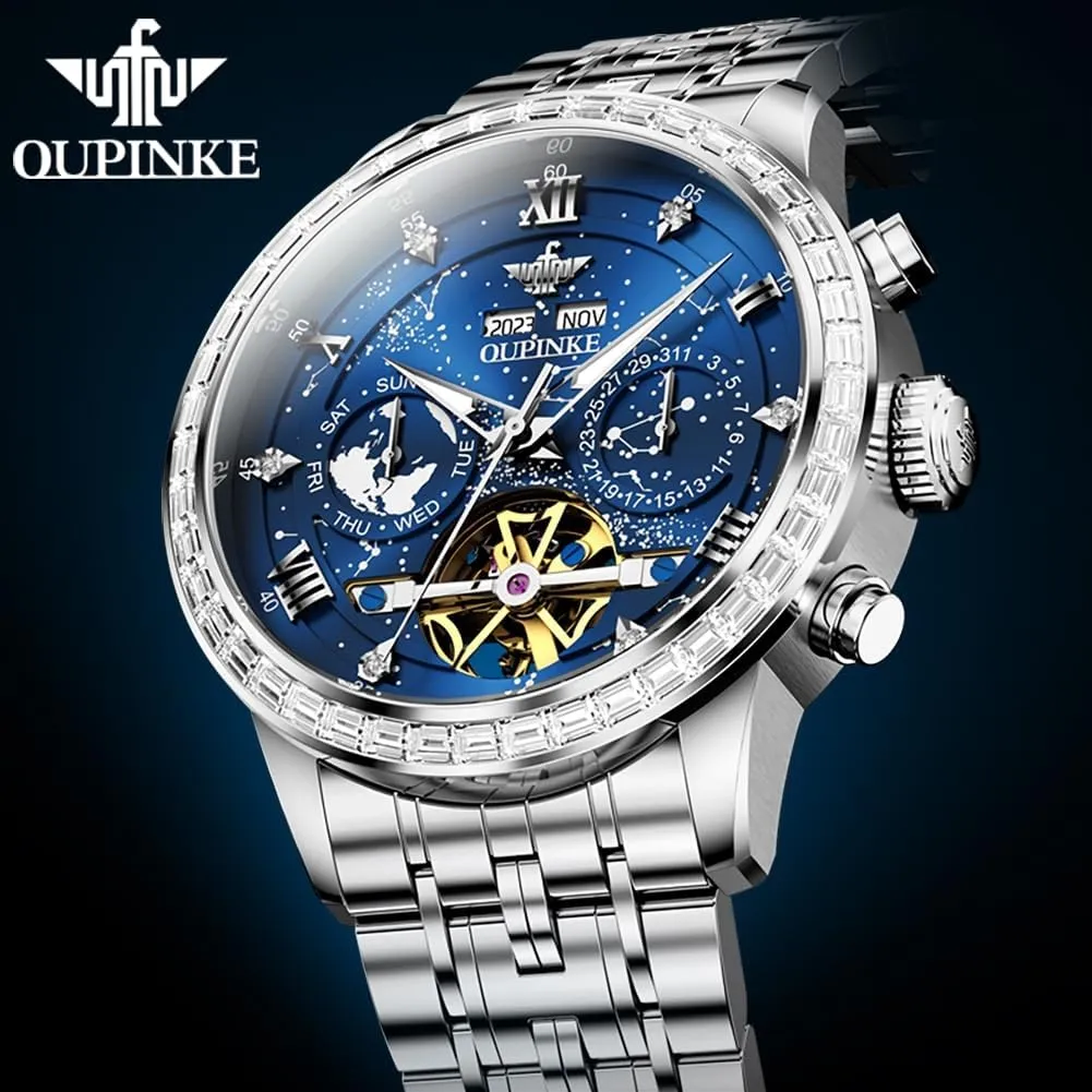 Unique Luxury Imitation freezing seismic Galaxy Mechanical Watch Business Diamond Calendar Male Watches Stainless Steel Waterproof Luminous OUPINKE Watches for Men Automatic 