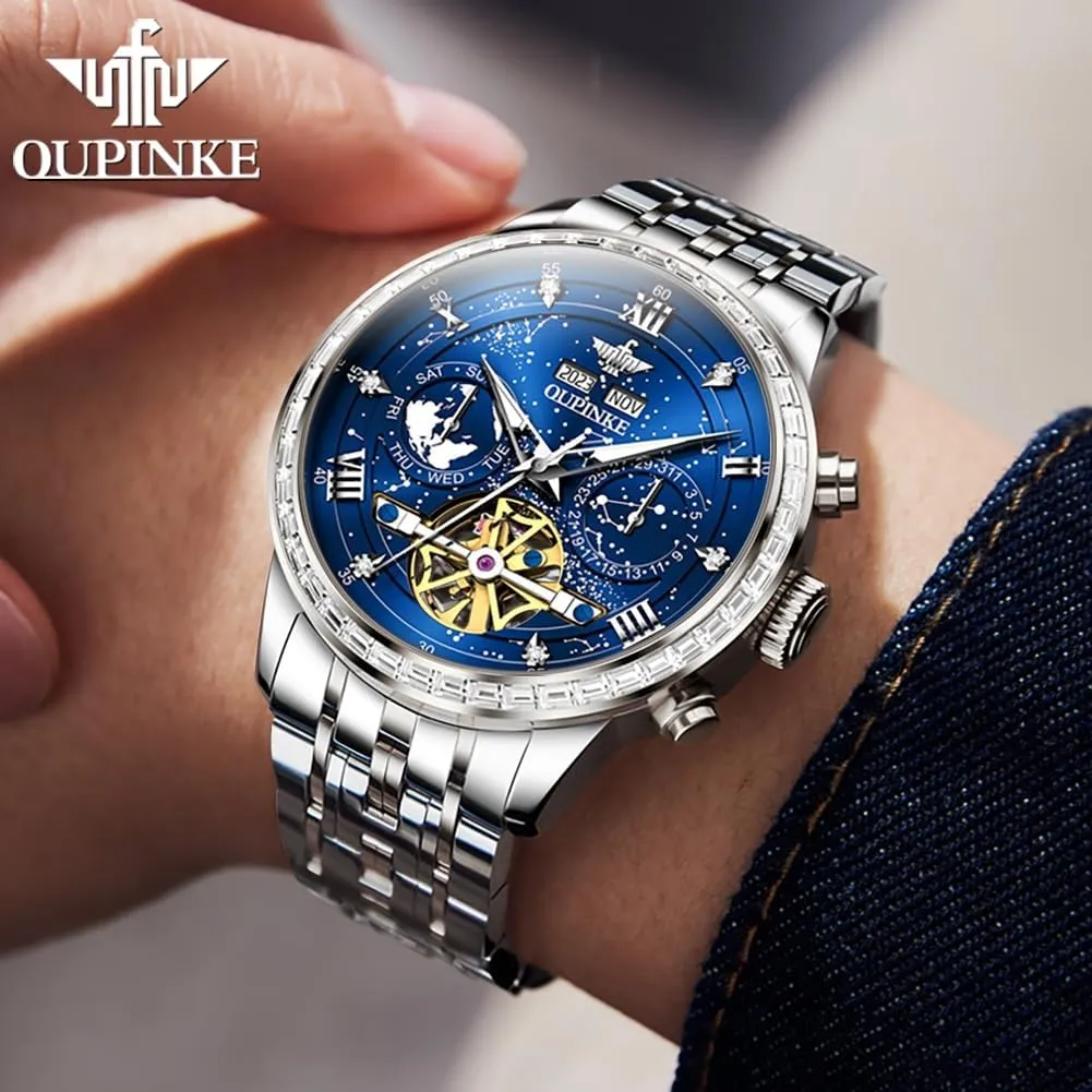 Unique Luxury Imitation freezing seismic Galaxy Mechanical Watch Business Diamond Calendar Male Watches Stainless Steel Waterproof Luminous OUPINKE Watches for Men Automatic 