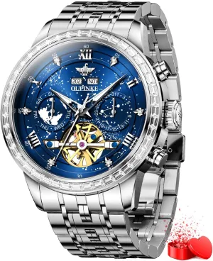 Unique Luxury Imitation freezing seismic Galaxy Mechanical Watch Business Diamond Calendar Male Watches Stainless Steel Waterproof Luminous OUPINKE Watches for Men Automatic 