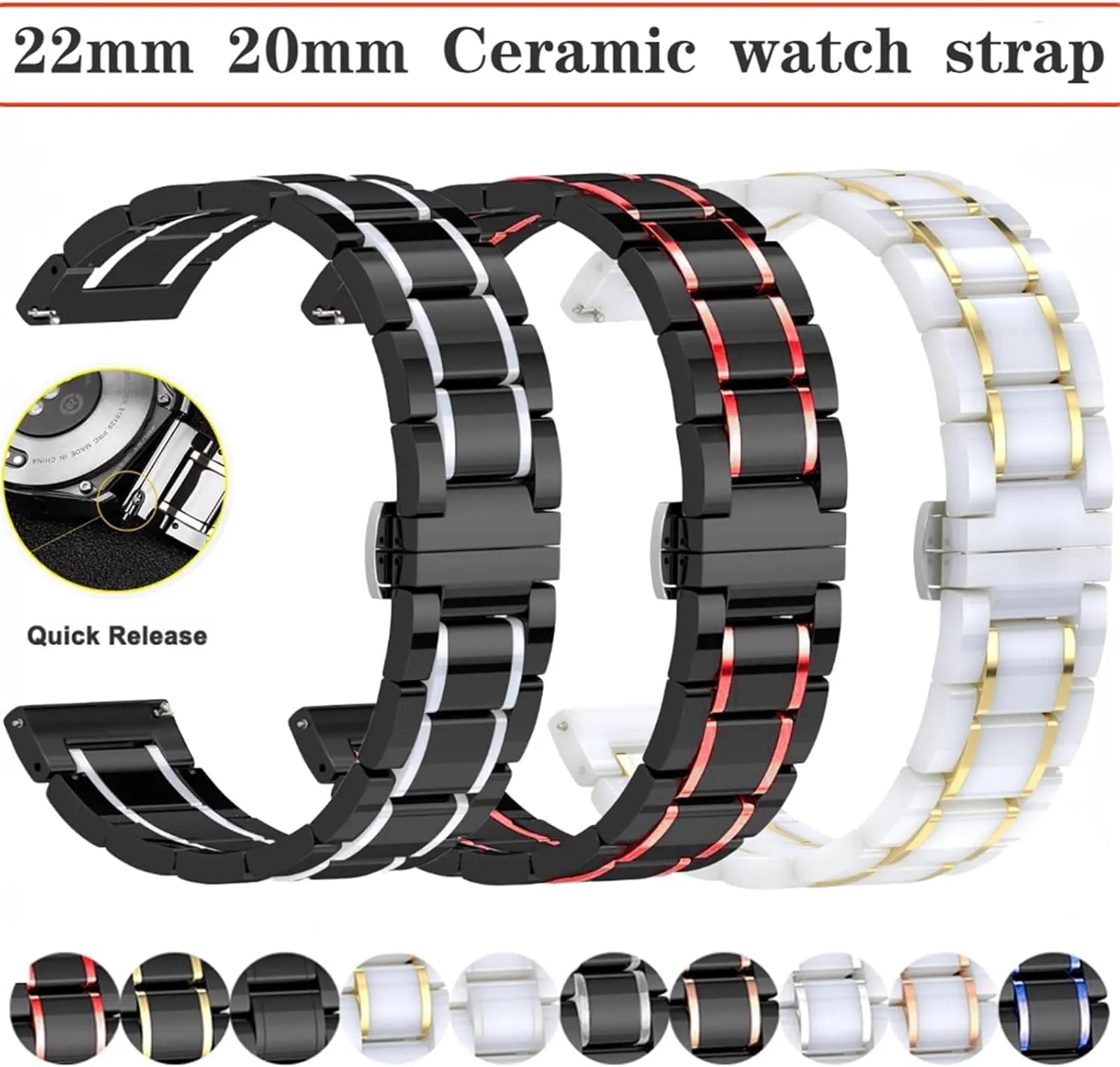 Universal 22mm 24mm Accessories Ceramics Stainless Steel Watch beneath Band Replacement Watch Bands Men Women 