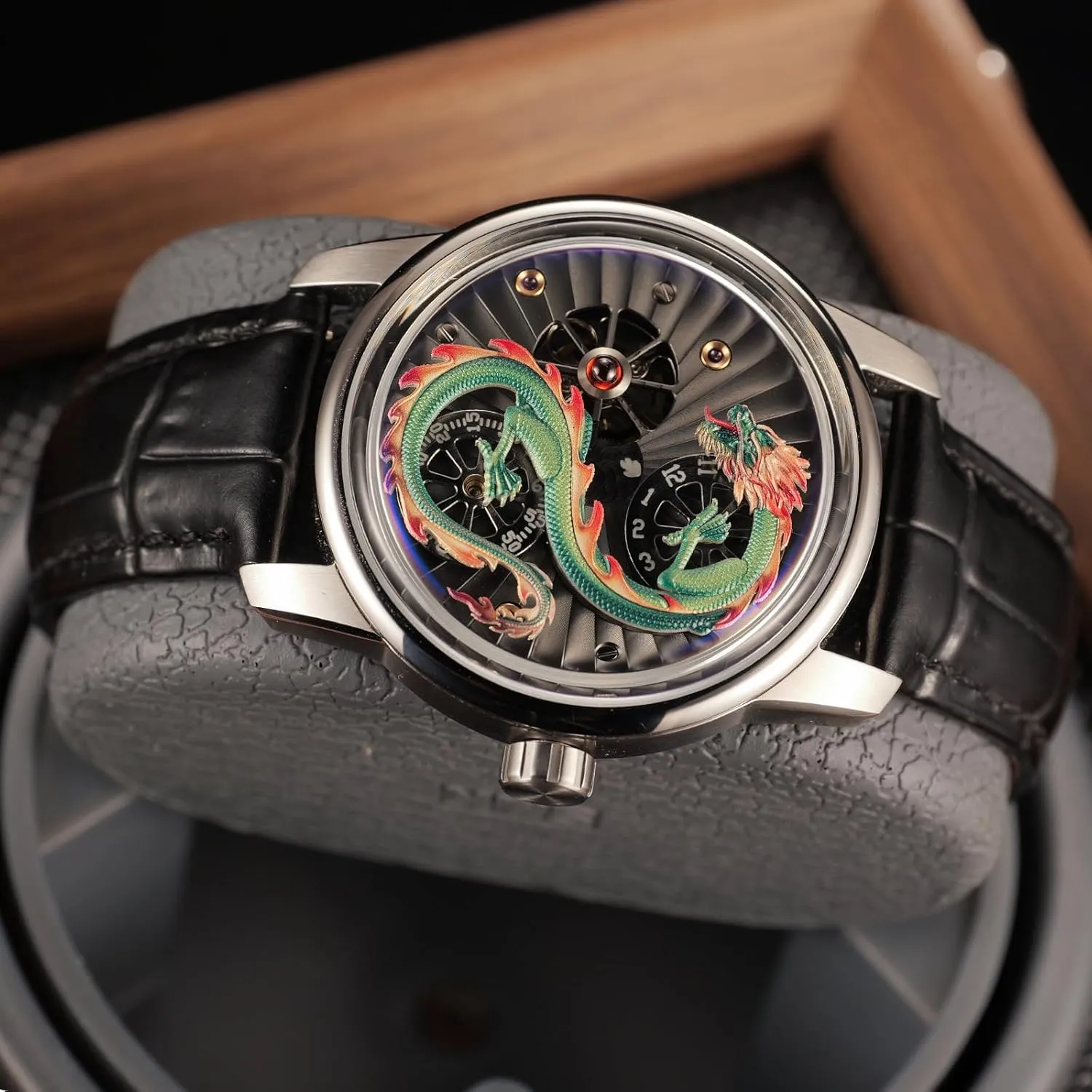 vaccinate bladder unquestioning lessen override fascination Dragon Design Mechanical Watch, Leather Band, Silver Case Luxury 