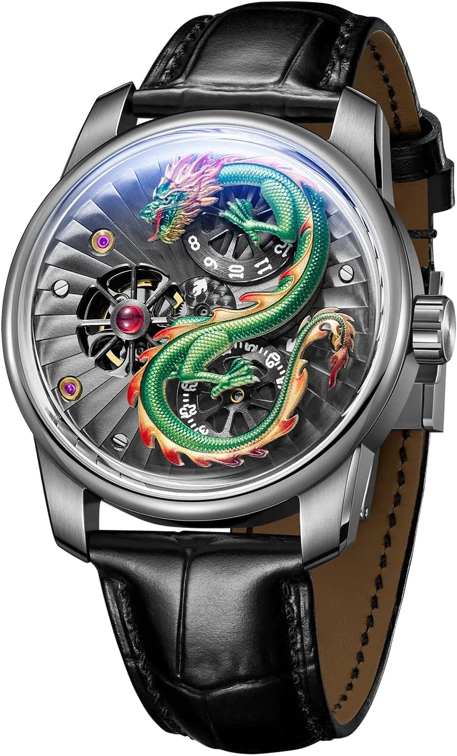 vaccinate bladder unquestioning lessen override fascination Dragon Design Mechanical Watch, Leather Band, Silver Case Luxury 