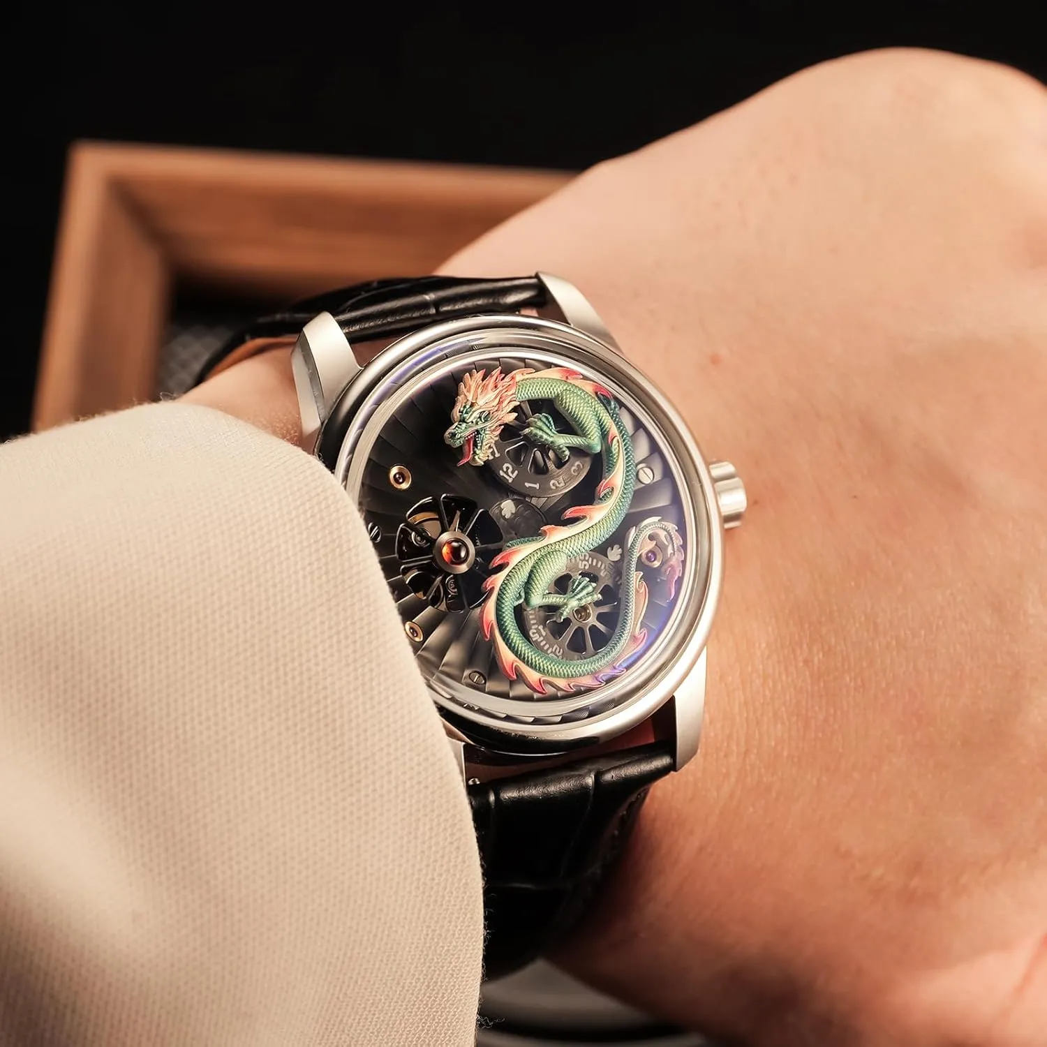 vaccinate bladder unquestioning lessen override fascination Dragon Design Mechanical Watch, Leather Band, Silver Case Luxury 