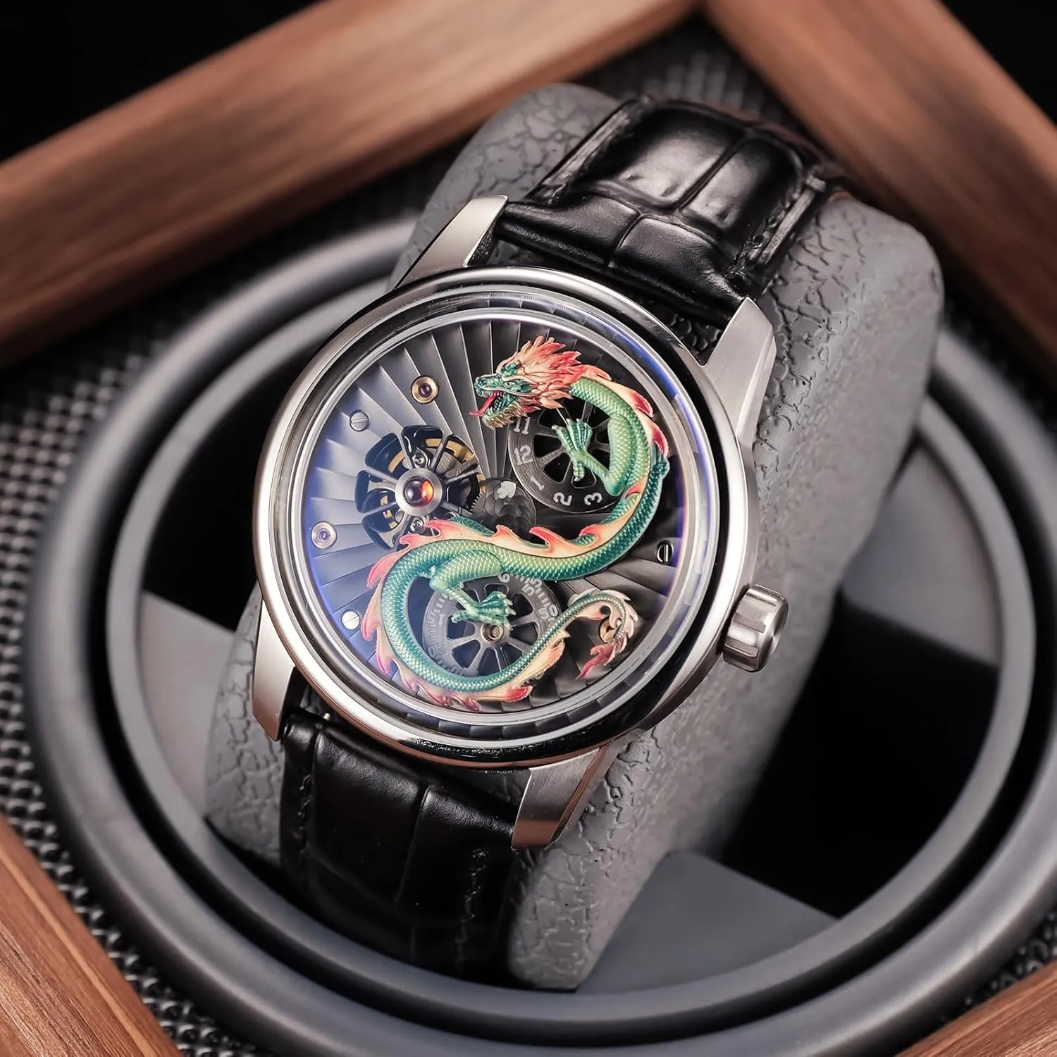 vaccinate bladder unquestioning lessen override fascination Dragon Design Mechanical Watch, Leather Band, Silver Case Luxury 