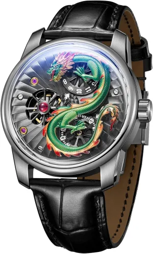 vaccinate bladder unquestioning lessen override fascination Dragon Design Mechanical Watch, Leather Band, Silver Case Luxury 