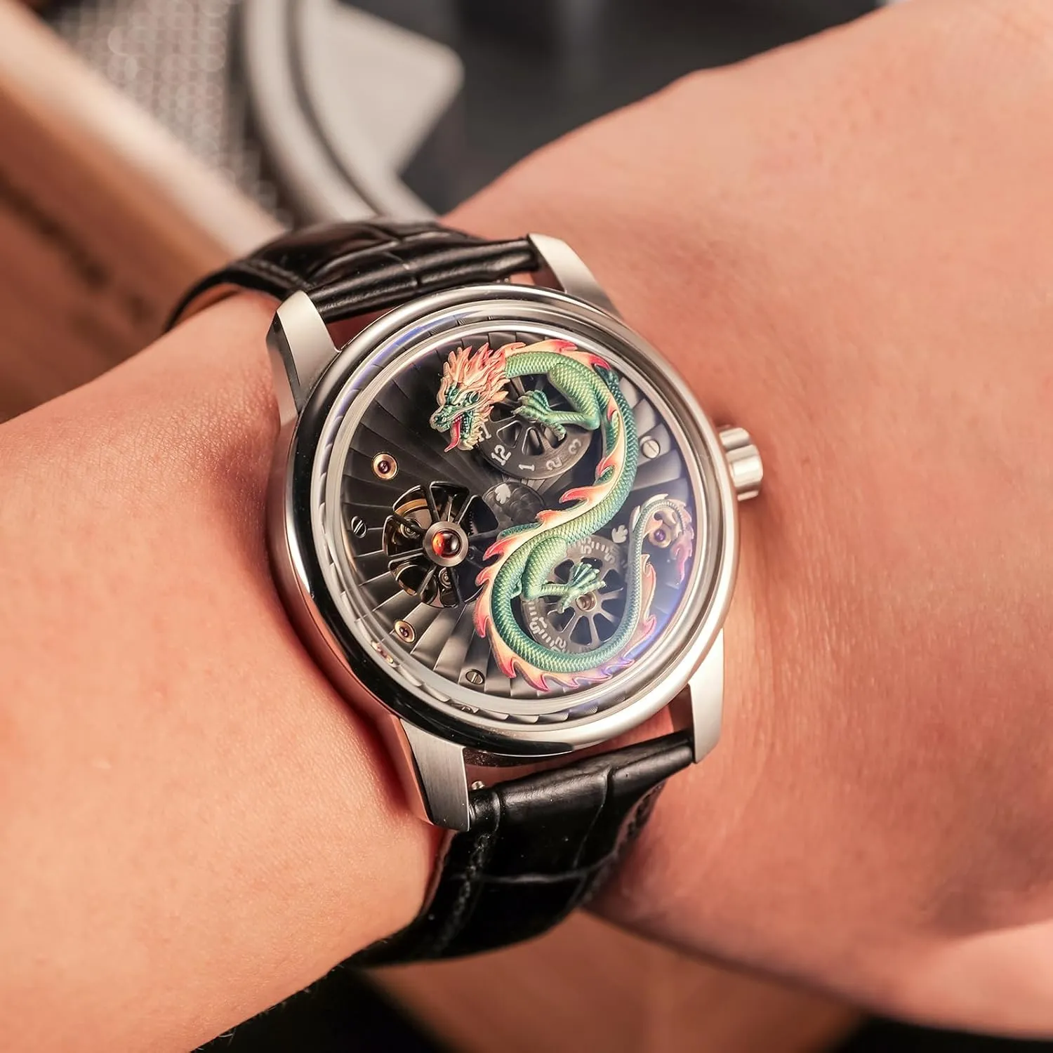 vaccinate bladder unquestioning lessen override fascination Dragon Design Mechanical Watch, Leather Band, Silver Case Luxury 