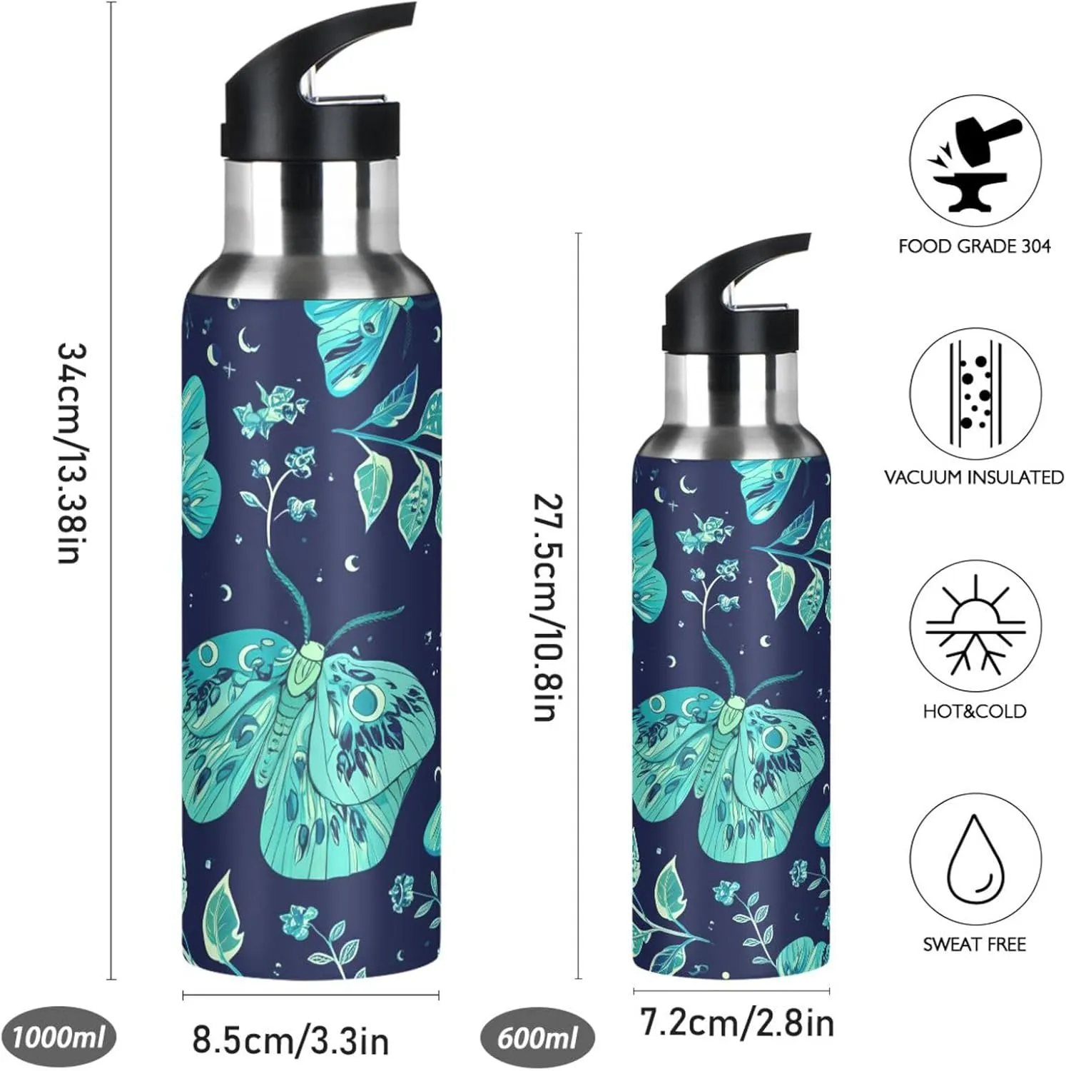 Vacuum Insulated Bottle for Gym Fitness pomegranate onset ramble Outdoor Dream Butterfly Sports Water Bottle with Straw, 22oz BPA Free Stainless Steel 